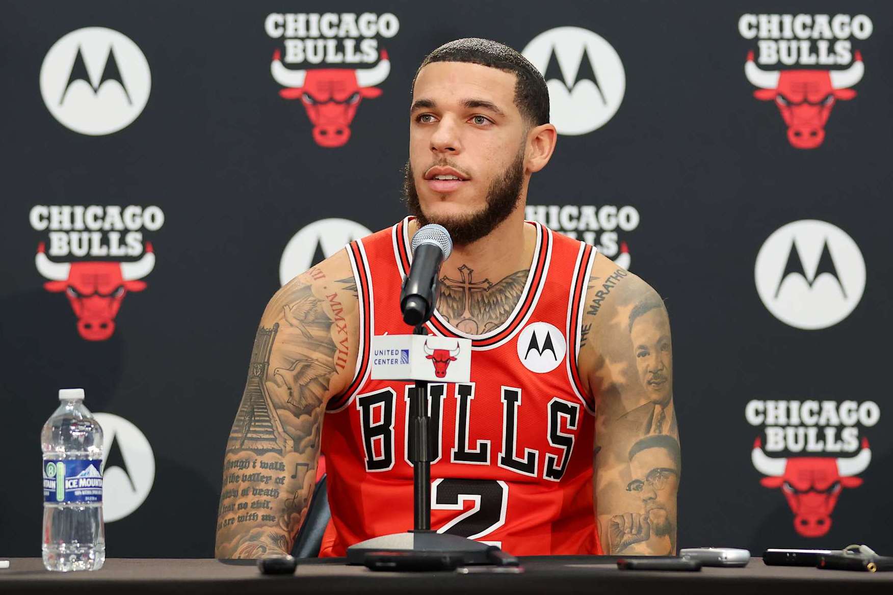 CHICAGO, ILLINOIS - OCTOBER 02: Lonzo Ball #2 of the Chicago Bulls answers questions from reporters during Media Day at Advocate Center on October 02, 2023 in Chicago, Illinois. (Photo by Michael Reaves/Getty Images)