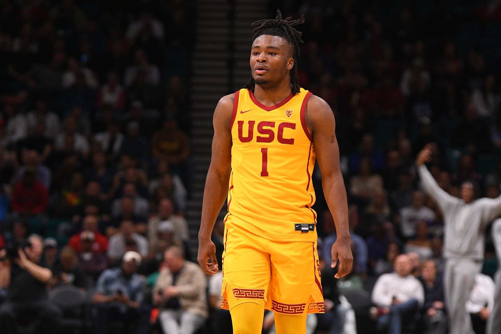LAS VEGAS, NV - DECEMBER 02: USC Trojans guard Isaiah Collier (1) looks on during the Legends of Basketball Las Vegas Invitational between Gonzaga Bulldogs vs USC Trojans on December 2, 2023 at MGM Grand Arena in Las Vegas, NV. (Photo by Brian Rothmuller/Icon Sportswire via Getty Images)