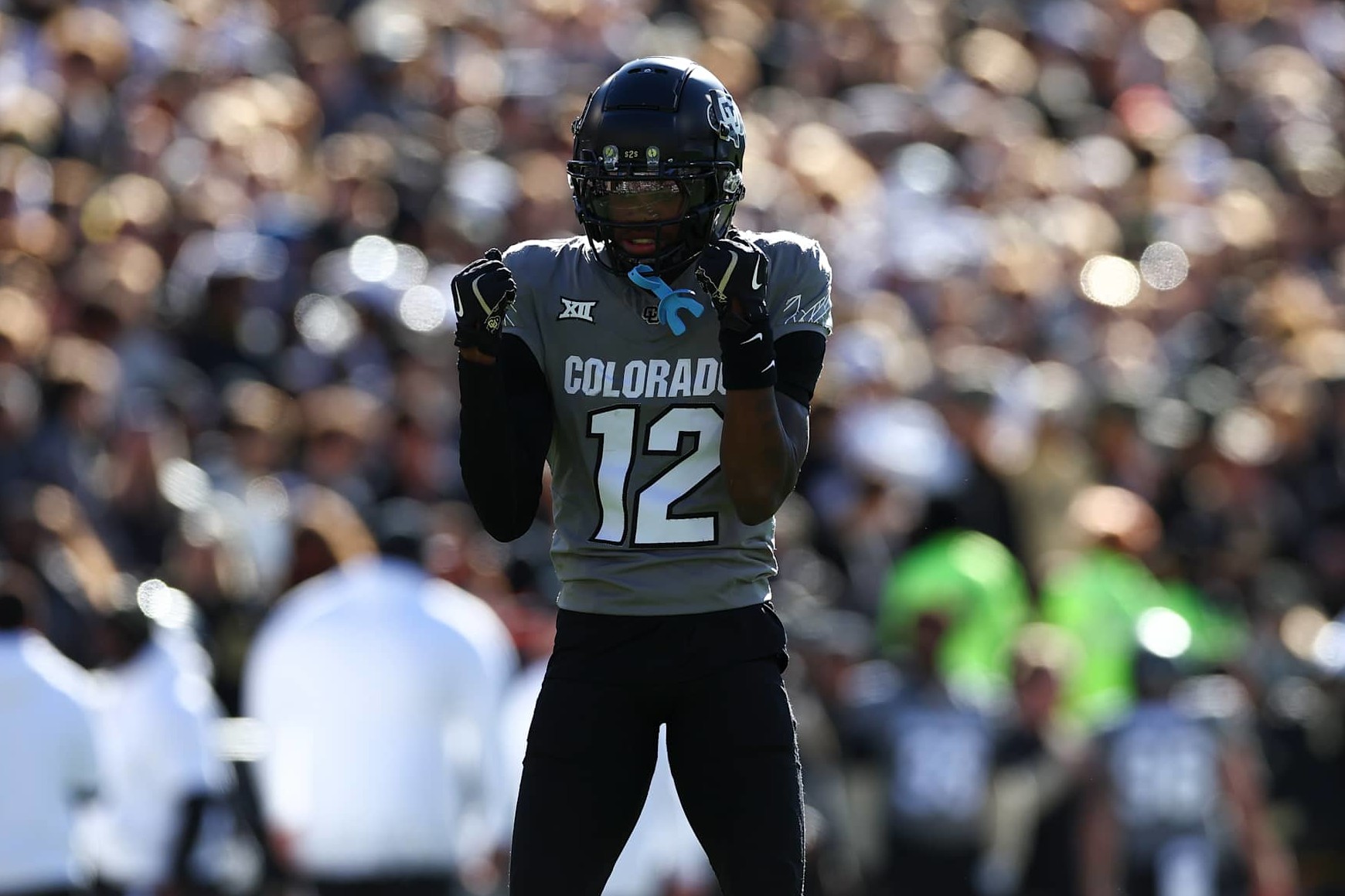 BOULDER, COLORADO - NOVEMBER 16: Travis Hunter #12 of the Colorado Buffaloes reacts during the first half against the Utah Utes at Folsom Field on November 16, 2024 in Boulder, Colorado. (Photo by Aaron M. Sprecher/Getty Images)