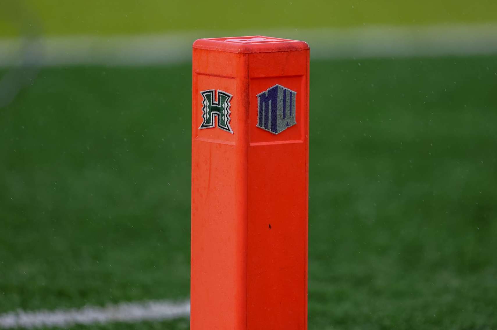 HONOLULU, HI - AUGUST 24: The Hawaii Rainbow Warrior and the Mountain West logos on a pylon at the Clarence T.C. Ching Athletics Complex on August 24, 2024 in Honolulu, Hawaii. (Photo by Darryl Oumi/Getty Images)