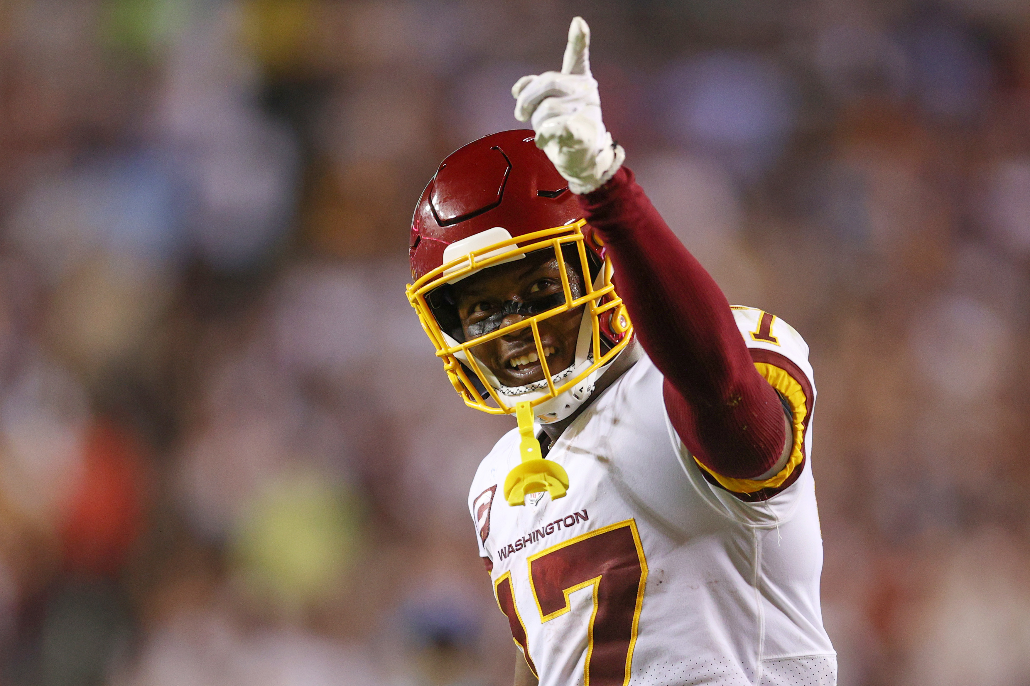 LANDOVER, MARYLAND - SEPTEMBER 16: Terry McLaurin #17 of the Washington Football Team reacts during the second quarter against the New York Giants at FedExField on September 16, 2021 in Landover, Maryland. (Photo by Patrick Smith/Getty Images)