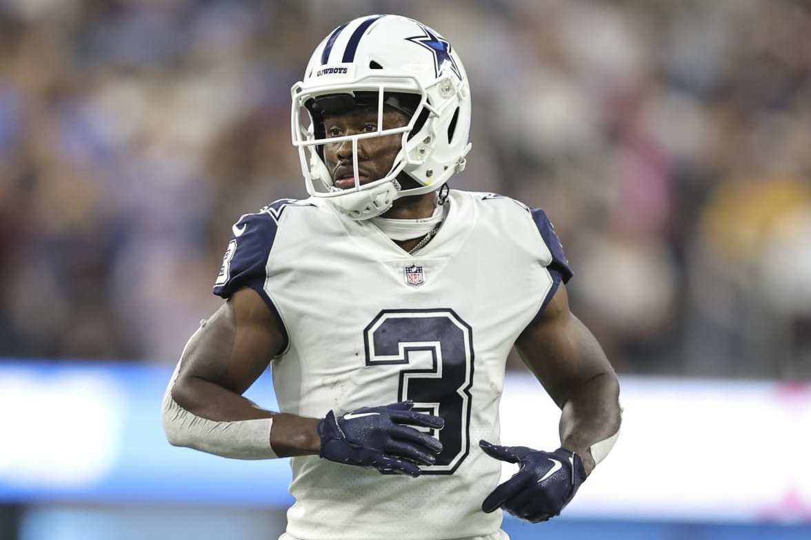 INGLEWOOD, CALIFORNIA - OCTOBER 16: Brandin Cooks #3 of the Dallas Cowboys lines up during an NFL football game between the Los Angeles Chargers and the Dallas Cowboys at SoFi Stadium on October 16, 2023 in Inglewood, California. (Photo by Michael Owens/Getty Images)