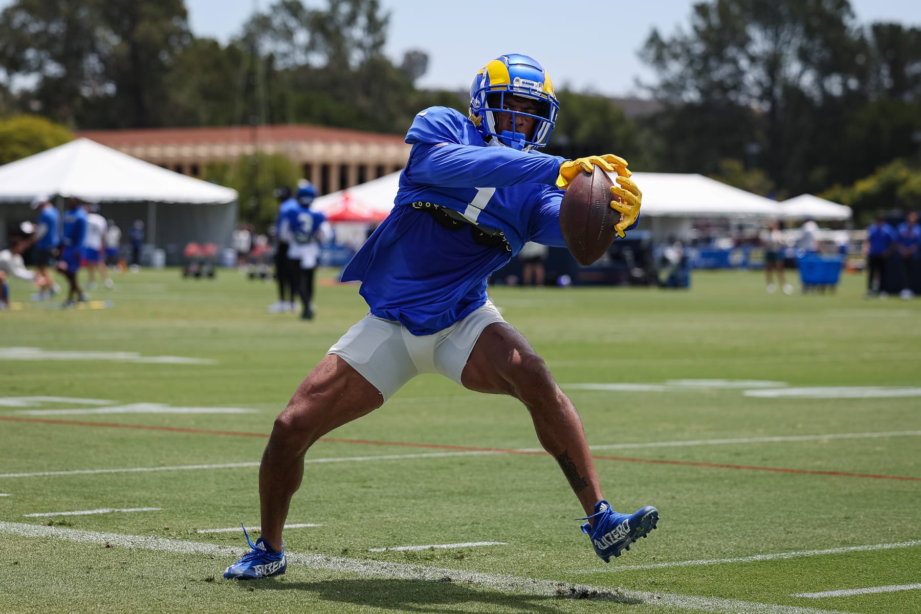 IRVINE, CA - JULY 29: Allen Robinson II #1 of the Los Angeles Rams participates in a drill during training camp at University of California Irvine on July 29, 2022 in Irvine, California. (Photo by Scott Taetsch/Getty Images)