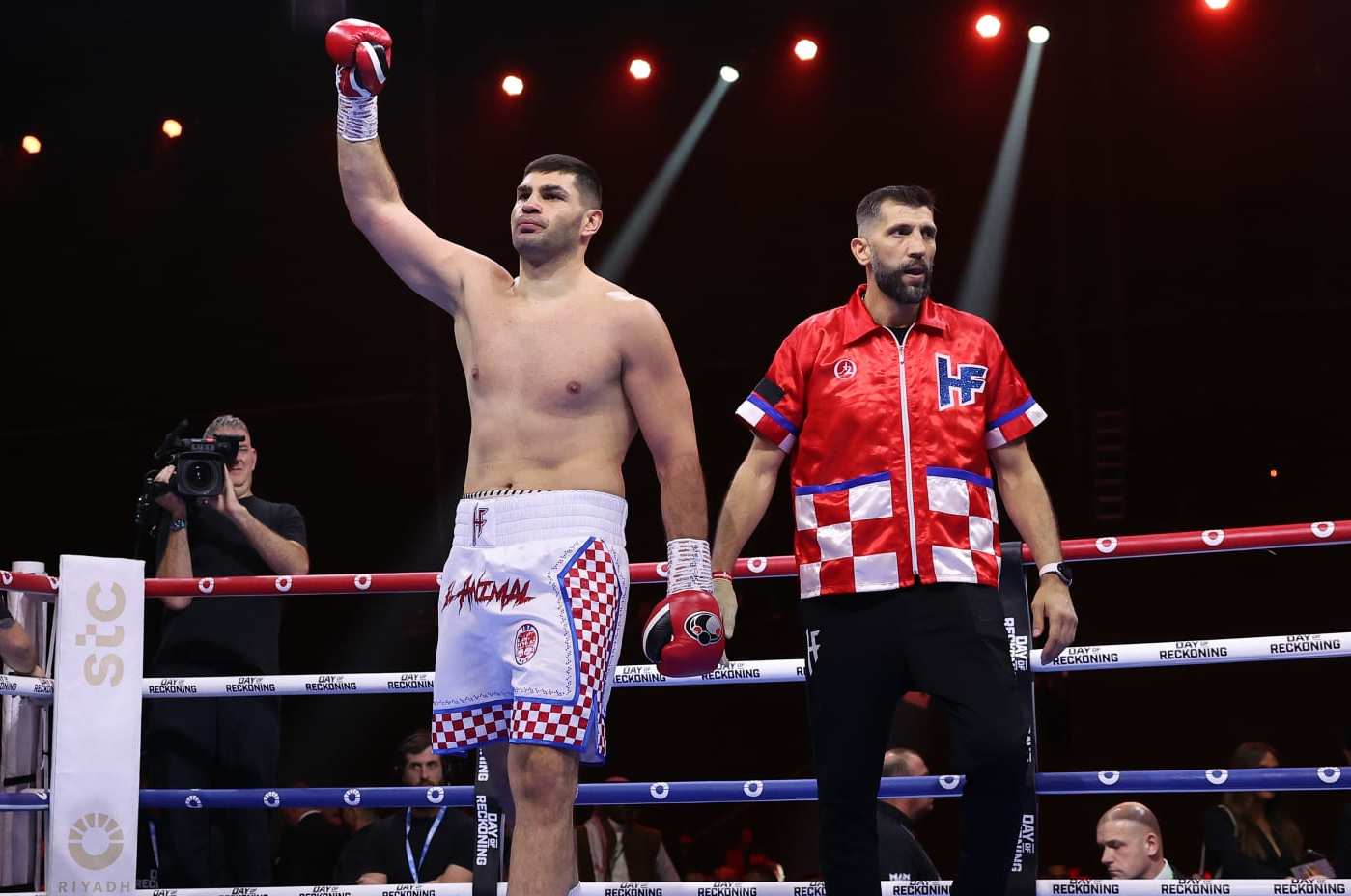 RIYADH, SAUDI ARABIA - DECEMBER 23: Filip Hrgovic celebrates victory following the Heavyweight fight between Filip Hrgovic and Mark De Mori during the Day of Reckoning: Fight Night at Kingdom Arena on December 23, 2023 in Riyadh, Saudi Arabia. (Photo by Richard Pelham/Getty Images)