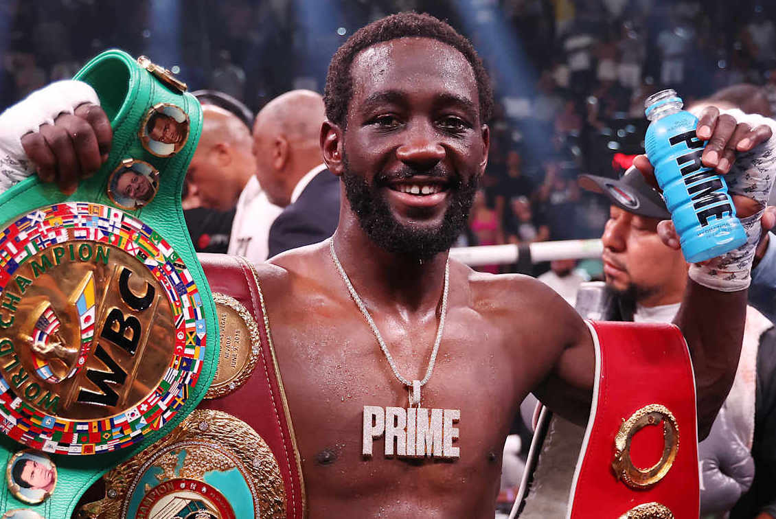 LAS VEGAS, NEVADA - JULY 29: Terence Crawford celebrates with his championship belts after defeating Errol Spence Jr. in the World Welterweight Championship bout at T-Mobile Arena on July 29, 2023 in Las Vegas, Nevada. (Photo by Al Bello/Getty Images)