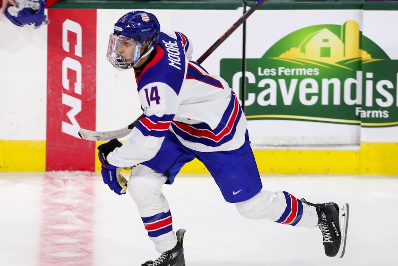 LONDON, ONTARIO - NOVEMBER 26: Forward William Moore #14 of Team USA skates during the CHL USA Prospects Challenge at Canada Life Place on November 26, 2024 in London, Ontario. (Photo by Dennis Pajot/Getty Images)