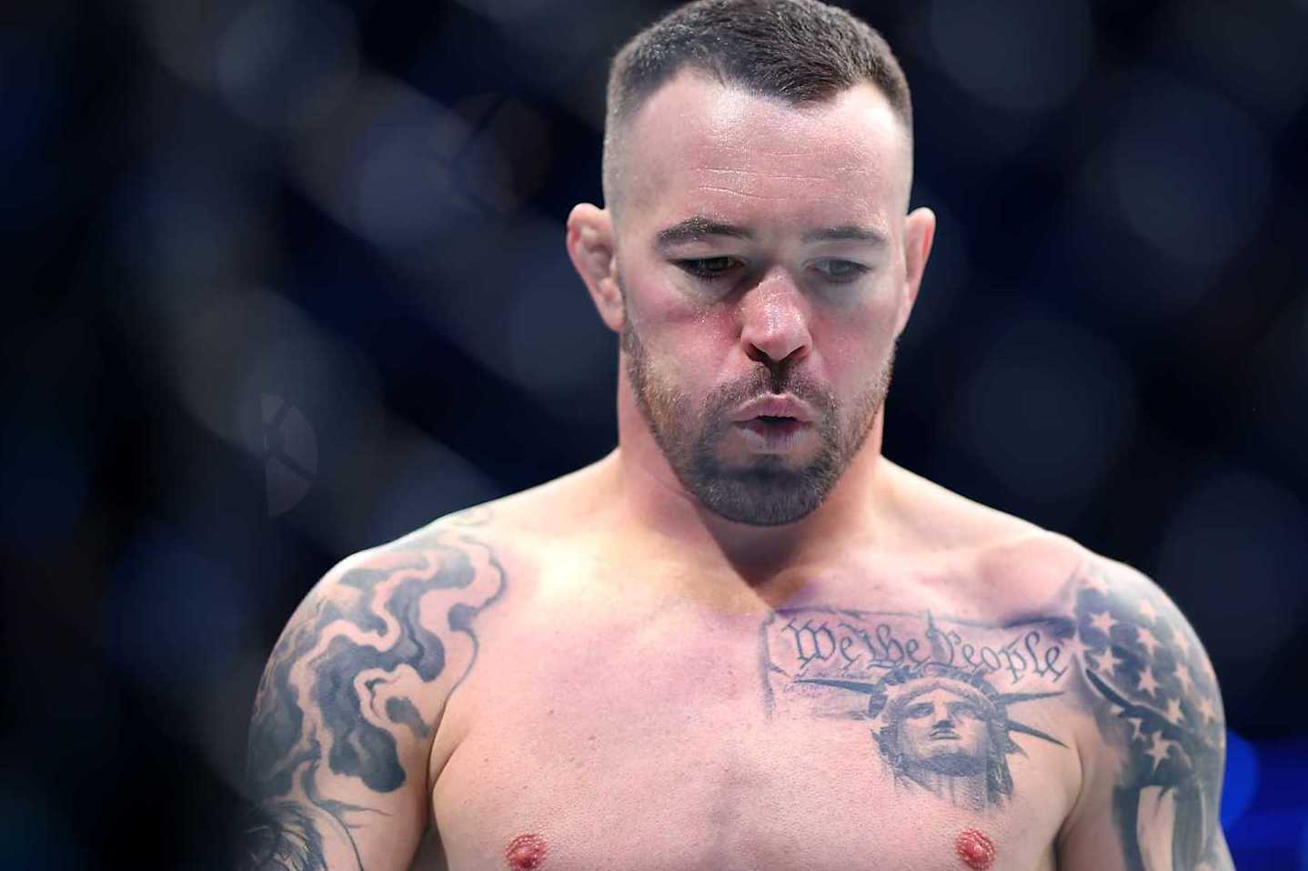LAS VEGAS, NEVADA - DECEMBER 16: Colby Covington of the United States looks on prior to a welterweight title fight against Leon Edwards of England during the UFC 296: Edwards vs. Covington event at T-Mobile Arena on December 16, 2023 in Las Vegas, Nevada. (Photo by Sean M. Haffey/Getty Images)
