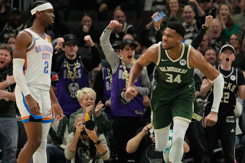 MILWAUKEE, WISCONSIN - MARCH 24: Giannis Antetokounmpo #34 of the Milwaukee Bucks celebrates during the first half against the Oklahoma City Thunder at Fiserv Forum on March 24, 2024 in Milwaukee, Wisconsin. NOTE TO USER: User expressly acknowledges and agrees that, by downloading and or using this photograph, User is consenting to the terms and conditions of the Getty Images License Agreement. (Photo by Patrick McDermott/Getty Images)