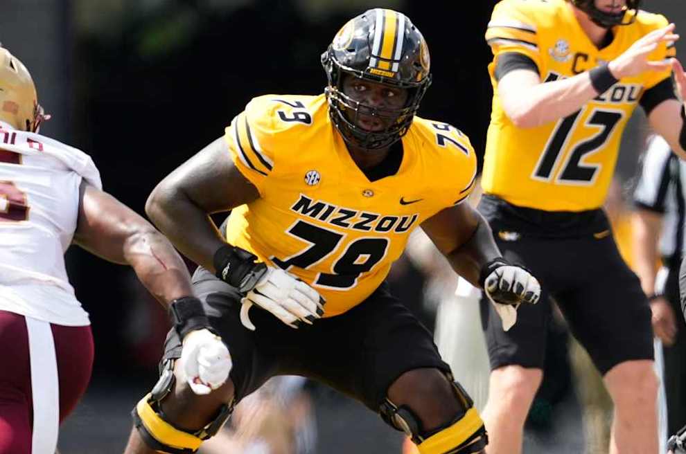 COLUMBIA, MISSOURI - SEPTEMBER 14: Offensive lineman Armand Membou #79 of the Missouri Tigers in the first half at Faurot Field/Memorial Stadium on September 14, 2024 in Columbia, Missouri. (Photo by Ed Zurga/Getty Images)