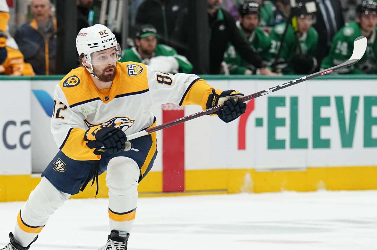 DALLAS, TX - JANUARY 12: Tommy Novak #82 of the Nashville Predators skates against the Dallas Stars at the American Airlines Center on January 12, 2024 in Dallas, Texas. (Photo by Glenn James/NHLI via Getty Images)