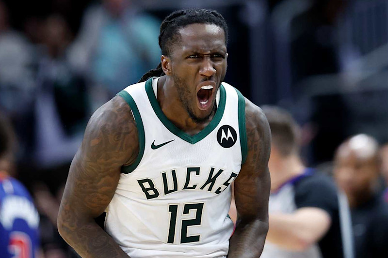 MILWAUKEE, WISCONSIN - NOVEMBER 13: Taurean Prince #12 of the Milwaukee Bucks reacts after hitting a three-point basket during the second half against the Detroit Pistons at Fiserv Forum on November 13, 2024 in Milwaukee, Wisconsin. NOTE TO USER: User expressly acknowledges and agrees that, by downloading and or using this photograph, User is consenting to the terms and conditions of the Getty Images License Agreement. (Photo by John Fisher/Getty Images)