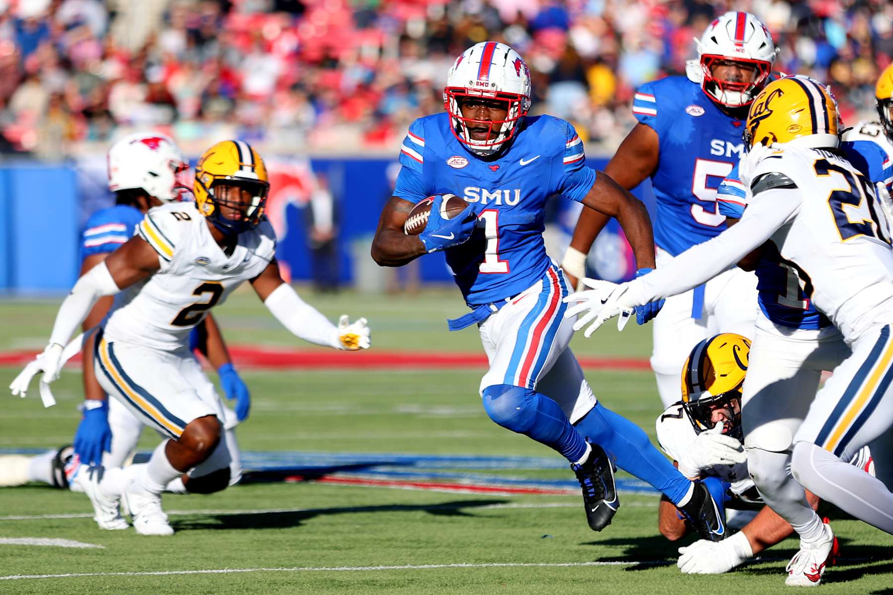 DALLAS, TEXAS - NOVEMBER 30: Brashard Smith #1 of the Southern Methodist Mustangs runs with the ball during the first half of the game against the California Golden Bears at Gerald J. Ford Stadium on November 30, 2024 in Dallas, Texas. (Photo by Sam Hodde/Getty Images)
