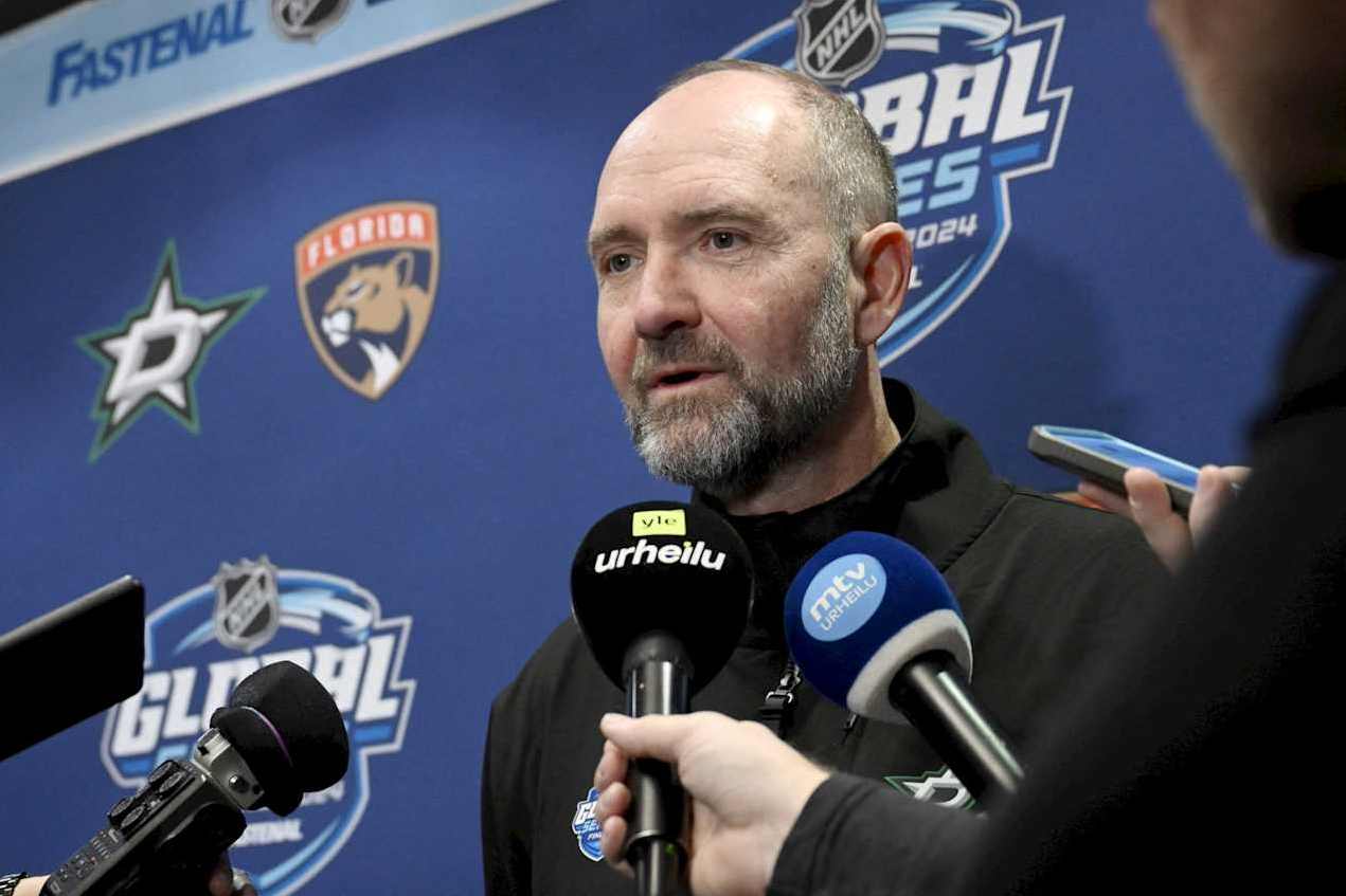 Dallas Stars' Canadian head coach Peter DeBoer speaks with journalists during a press meeting in Helsinki, Finland, on October 28, 2024. NHL teams Dallas Stars and Florida Panthers will face each other in NHL Global Series matches in Tampere on upcoming on November 1 and November 2. (Photo by Emmi Korhonen / Lehtikuva / AFP) / Finland OUT (Photo by EMMI KORHONEN/Lehtikuva/AFP via Getty Images)