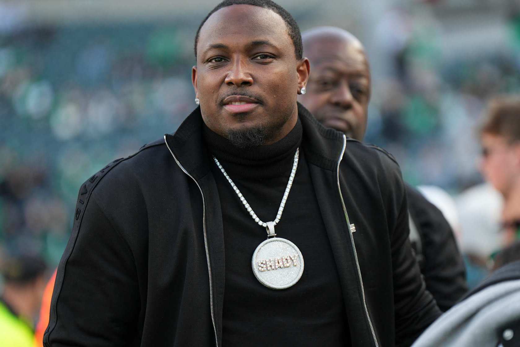 PHILADELPHIA, PA - NOVEMBER 03: Philadelphia Eagles Hall of Fame running back LeSean McCoy looks on during the game between the Philadelphia Eagles and the Jacksonville Jaguars on November 3, 2024 at Lincoln Financial Field in Philadelphia, PA. (Photo by Andy Lewis/Icon Sportswire via Getty Images)