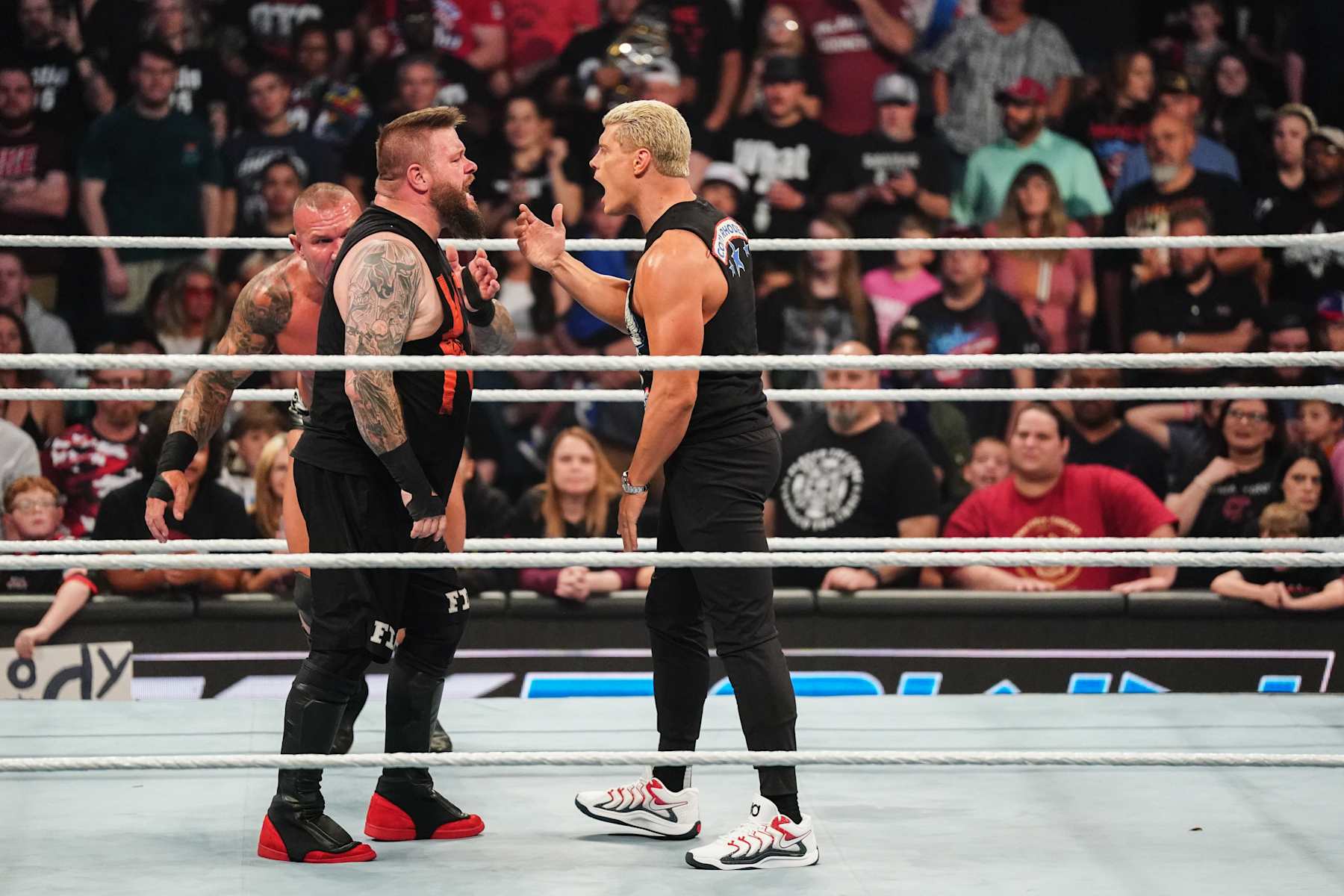 OKLAHOMA CITY, OKLAHOMA - SEPTEMBER 27: Kevin Owens and Cody Rhodes in ring during WWE SmackDown at Paycom Center on September 27, 2024 in Oklahoma City, Oklahoma. (Photo by WWE/Getty Images)