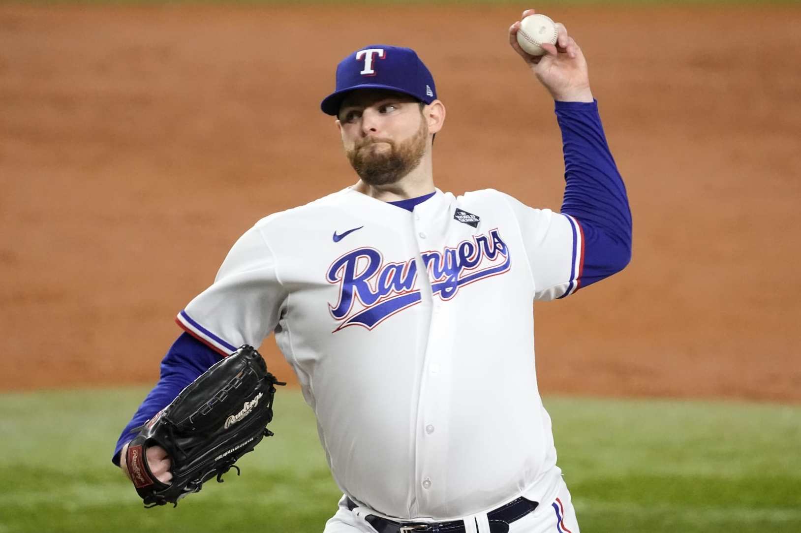 ARLINGTON, TEXAS - OCTOBER 28: Jordan Montgomery #52 of the Texas Rangers pitches in the third inning against the Arizona Diamondbacks during Game Two of the World Series at Globe Life Field on October 28, 2023 in Arlington, Texas. (Photo by Sam Hodde/Getty Images)