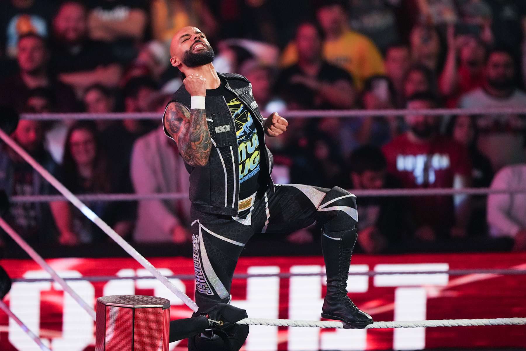 HOUSTON, TEXAS - MARCH 11: Ricochet is introduced prior to his match during WWE Monday Night RAW at Toyota Center on March 11, 2024 in Houston, Texas. (Photo by Alex Bierens de Haan/Getty Images)