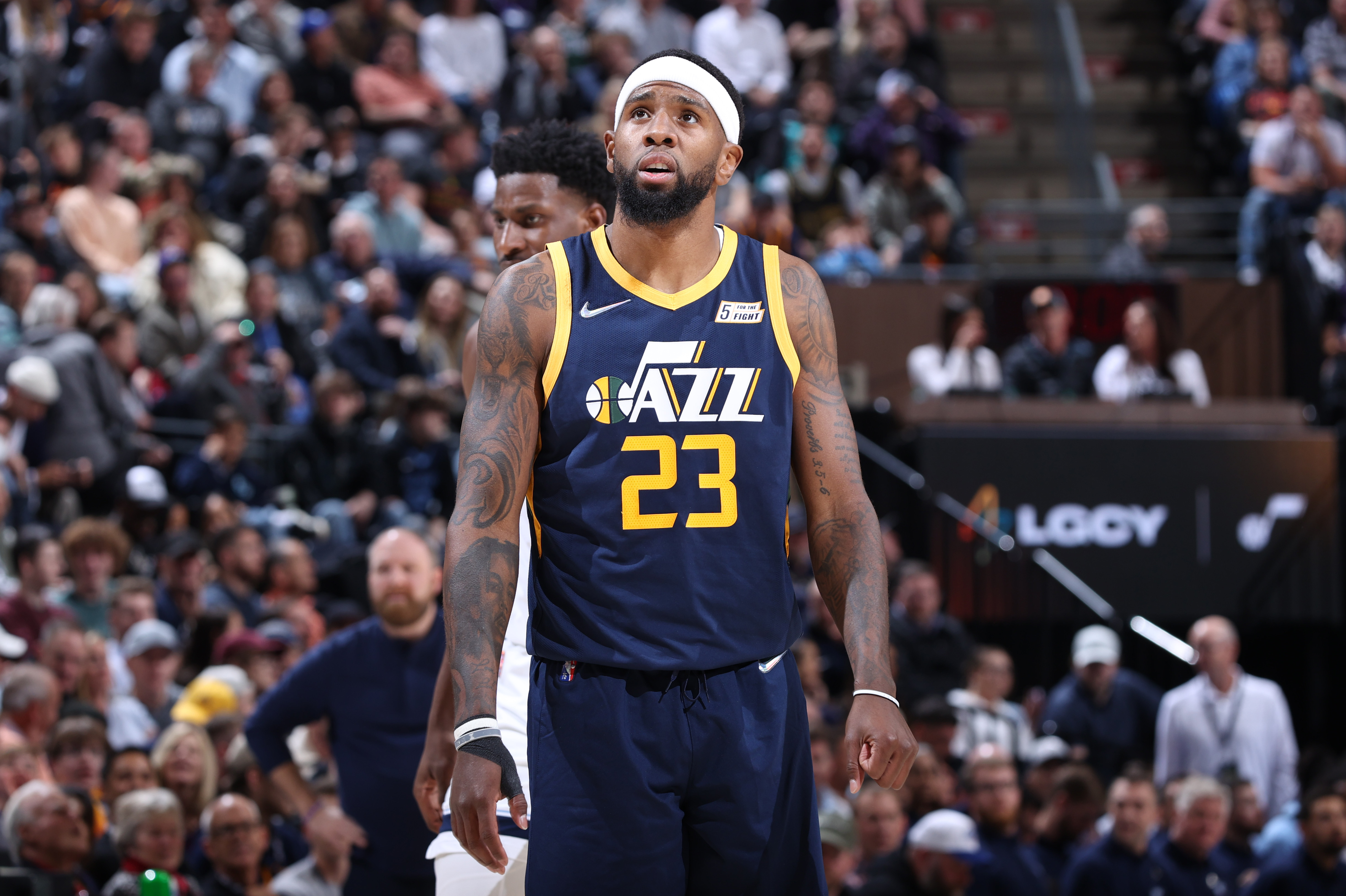 SALT LAKE CITY, UT - APRIL 5: Royce O'Neale #23 of the Utah Jazz looks on during the game against the Memphis Grizzlies on April 5, 2022 at vivint.SmartHome Arena in Salt Lake City, Utah. NOTE TO USER: User expressly acknowledges and agrees that, by downloading and or using this Photograph, User is consenting to the terms and conditions of the Getty Images License Agreement. Mandatory Copyright Notice: Copyright 2022 NBAE (Photo by Melissa Majchrzak/NBAE via Getty Images)