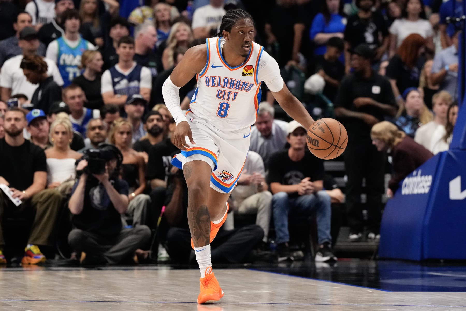 DALLAS, TEXAS - MAY 18: Jalen Williams #8 of the Oklahoma City Thunder brings the ball up the court during the second half of Game Six of the Western Conference Second Round Playoffs against the Dallas Mavericks at American Airlines Center on May 18, 2024 in Dallas, Texas. NOTE TO USER: User expressly acknowledges and agrees that, by downloading and or using this photograph, User is consenting to the terms and conditions of the Getty Images License Agreement. (Photo by Sam Hodde/Getty Images)