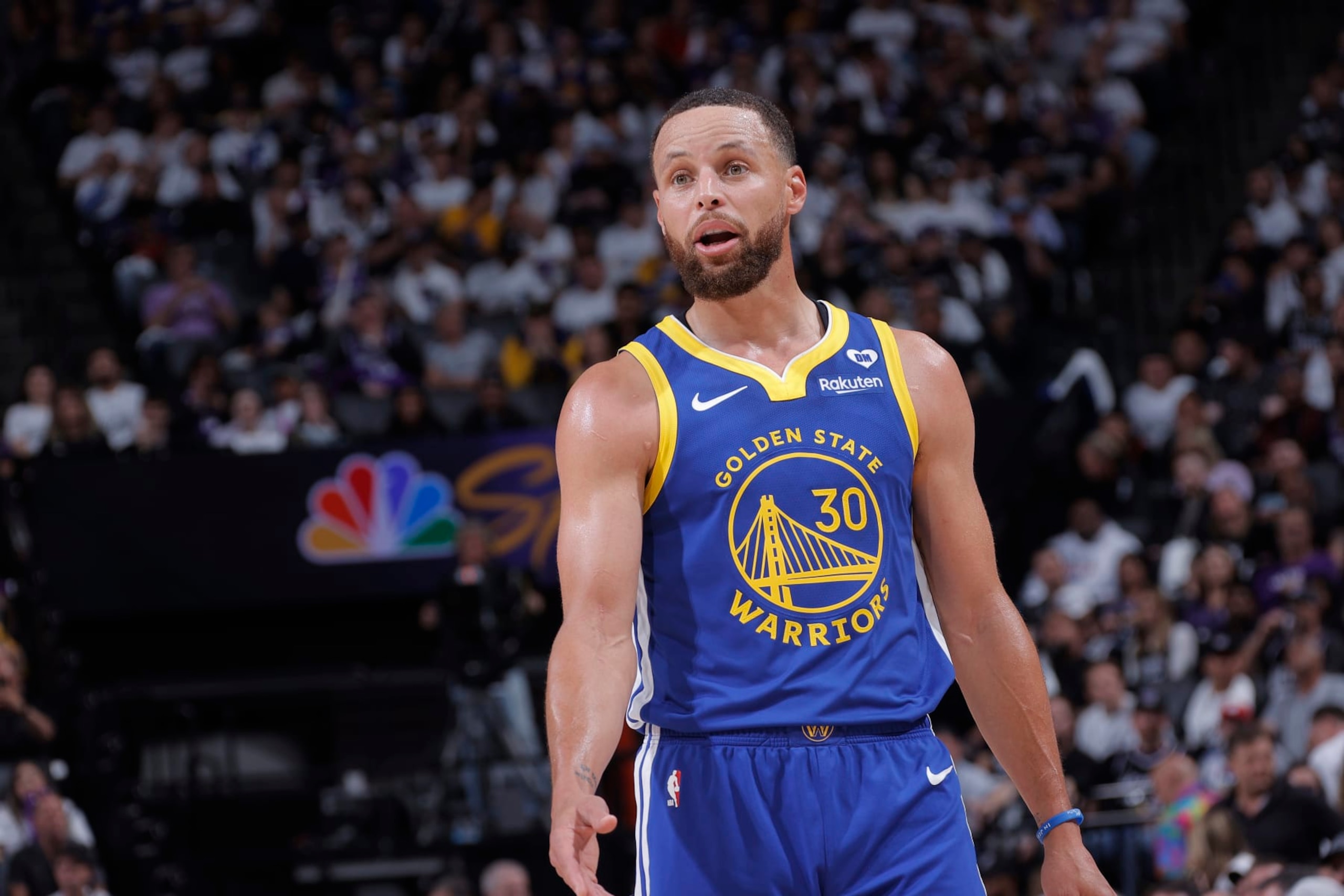 SACRAMENTO, CA - APRIL 16: Stephen Curry #30 of the Golden State Warriors looks on during the game against the Sacramento Kings during the 2024 Play-In Tournament on April 16, 2024 at Golden 1 Center in Sacramento, California. NOTE TO USER: User expressly acknowledges and agrees that, by downloading and or using this photograph, User is consenting to the terms and conditions of the Getty Images Agreement. Mandatory Copyright Notice: Copyright 2024 NBAE (Photo by Rocky Widner/NBAE via Getty Images)