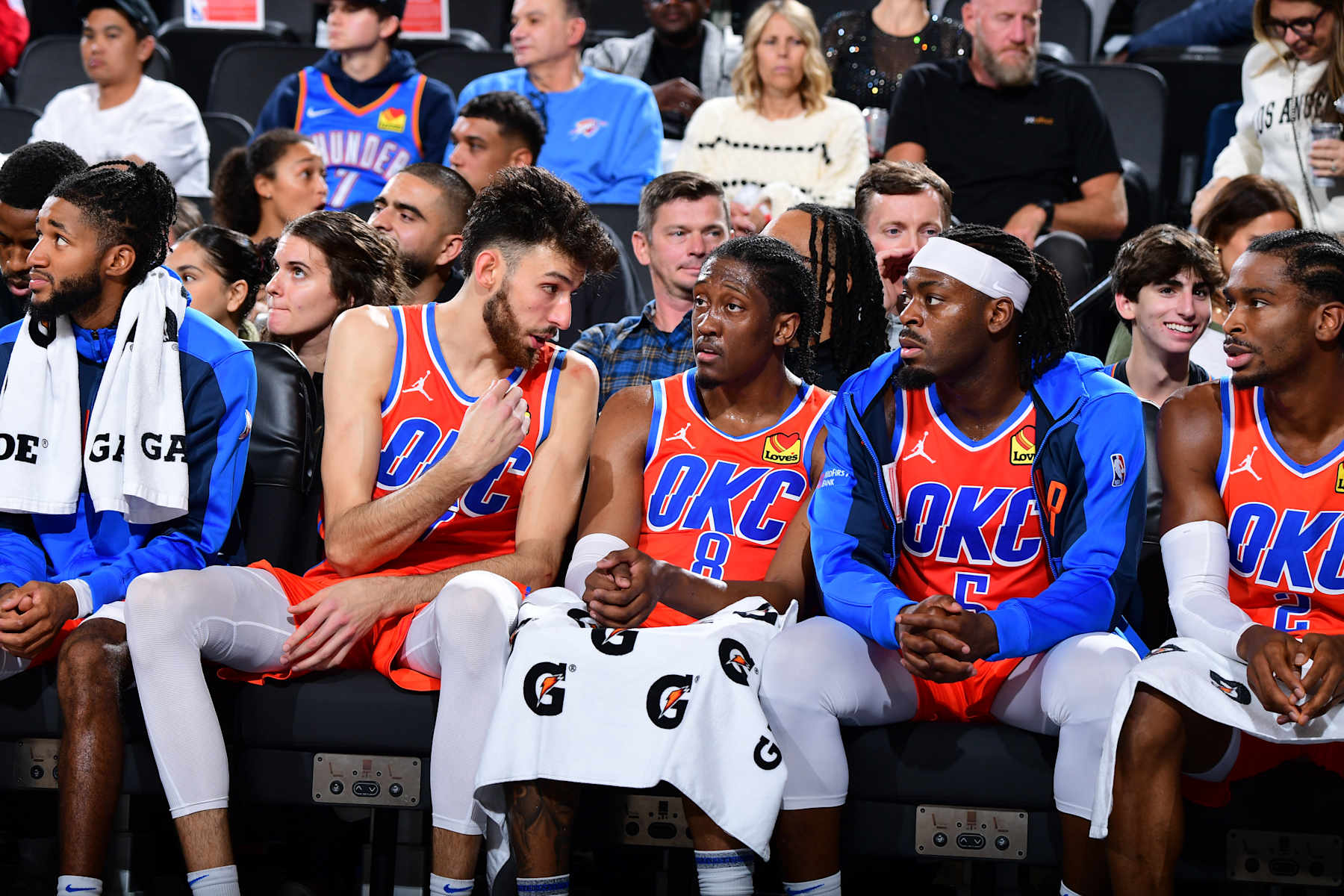 INGLEWOOD, CA - NOVEMBER 2: The Oklahoma City Thunder look on during the game against the LA Clippers on November 2, 2024 at Intuit Dome in Los Angeles, California. NOTE TO USER: User expressly acknowledges and agrees that, by downloading and/or using this Photograph, user is consenting to the terms and conditions of the Getty Images License Agreement. Mandatory Copyright Notice: Copyright 2024 NBAE (Photo by Adam Pantozzi/NBAE via Getty Images)