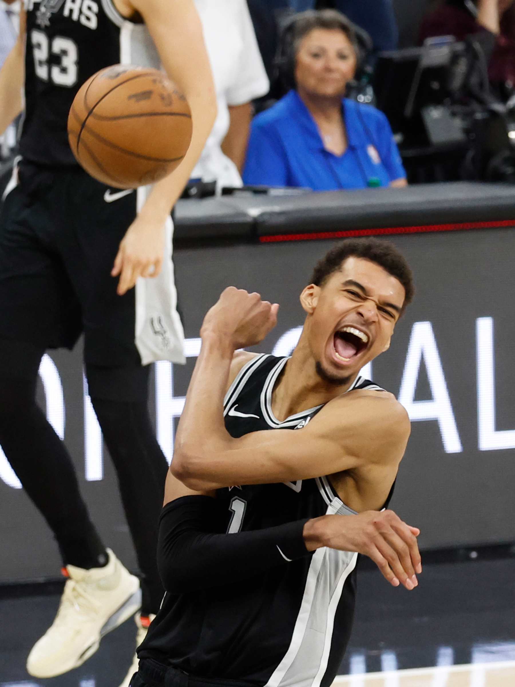 SAN ANTONIO, TX - APRIL 12: Victor Wembanyama #1 of the San Antonio Spurs celebrates after they defeated the Denver Nuggets 121-120 at Frost Bank Center on April 12, 2024 in San Antonio, Texas. NOTE TO USER: User expressly acknowledges and agrees that, by downloading and or using this photograph, User is consenting to terms and conditions of the Getty Images License Agreement. (Photo by Ronald Cortes/Getty Images)