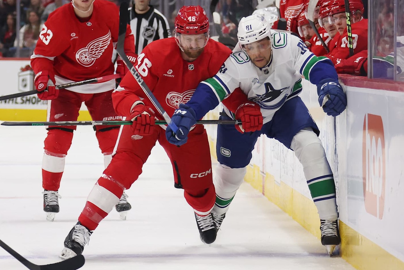 DETROIT, MICHIGAN - DECEMBER 01: Dakota Joshua #81 of the Vancouver Canucks tries to get around Jeff Petry #46 of the Detroit Red Wings during the first period at Little Caesars Arena on December 01, 2024 in Detroit, Michigan. (Photo by Gregory Shamus/Getty Images)