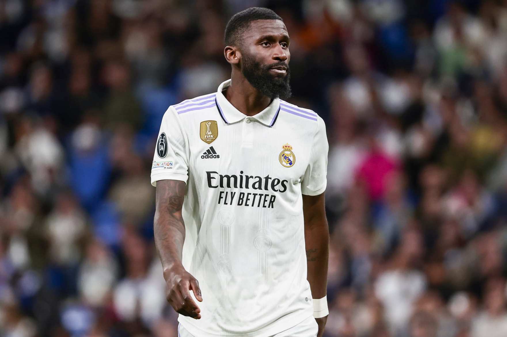 MADRID, SPAIN - APRIL 12: Antonio Rudiger of Real Madrid during the UEFA Champions League quarterfinal first leg match between Real Madrid and Chelsea FC at Estadio Santiago Bernabeu on April 12, 2023 in Madrid, Spain (Photo by MB Media/Getty Images)