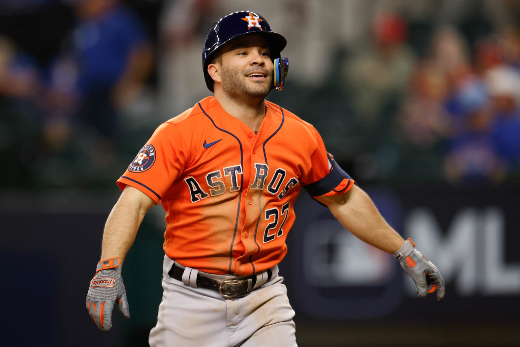 ARLINGTON, TX - OCTOBER 19: Jose Altuve #27 of the Houston Astros celebrates after hitting a home run during Game 4 of the ALCS between the Houston Astros and the Texas Rangers at Globe Life Field on Thursday, October 19, 2023 in Arlington, Texas. (Photo by Ron Jenkins/MLB Photos via Getty Images)