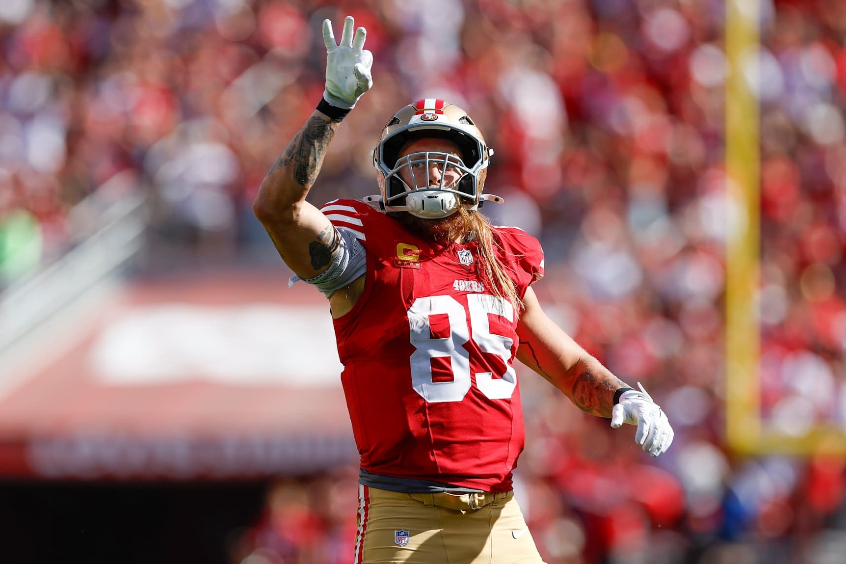 SANTA CLARA, CALIFORNIA - OCTOBER 20: George Kittle #85 of the San Francisco 49ers celebrates during the first half against the Kansas City Chiefs at Levis Stadium on October 20, 2024 in Santa Clara, California. (Photo by Aaron M. Sprecher/Getty Images)