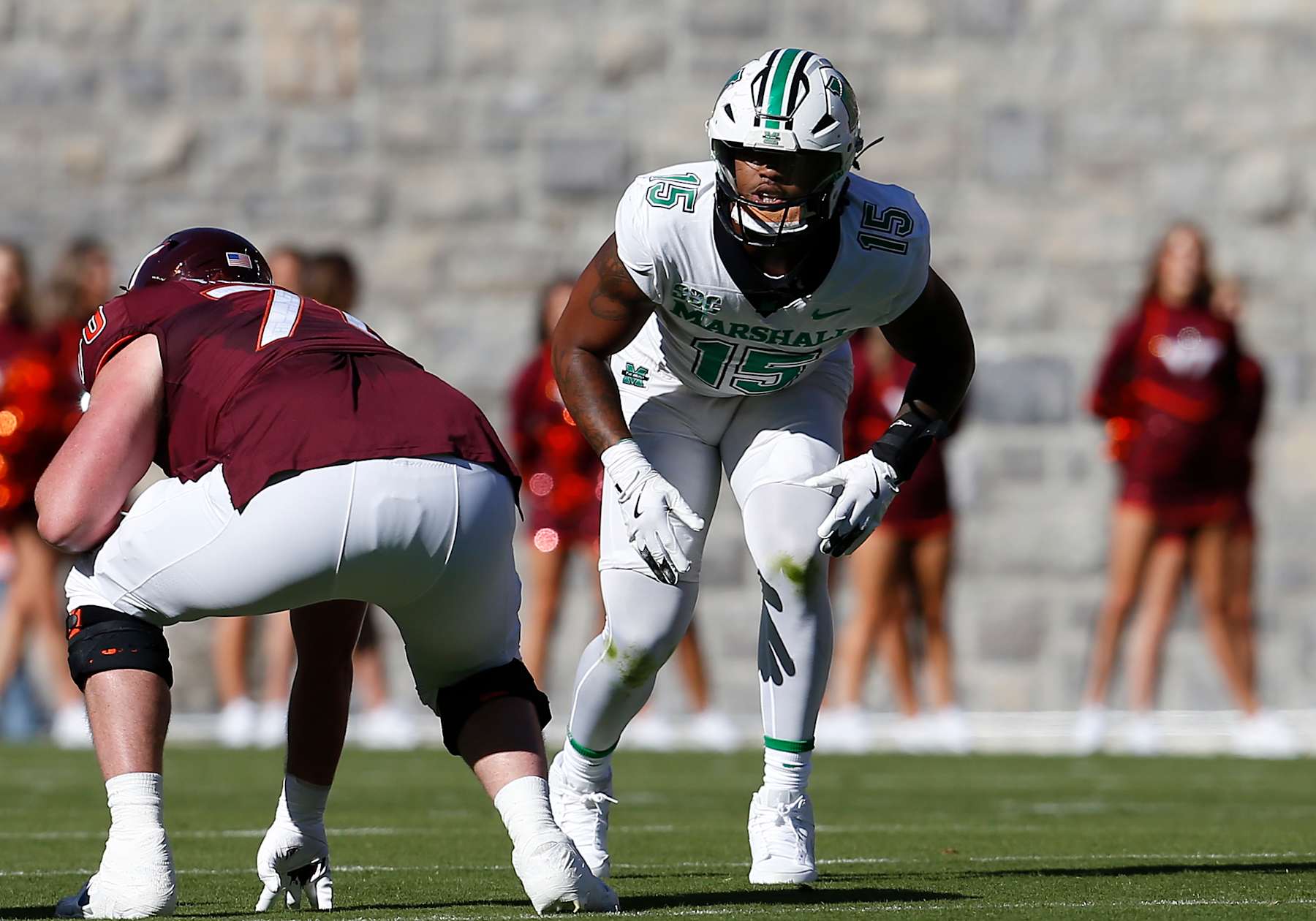 BLACKSBURG, VA - SEPTEMBER 07: Marshall Thundering Herd defensive lineman Mike Green (15) peeks into the backfield during a college football game between the Marshall Thundering Herd and the Virginia Tech Hokies on September 7, 2024, at Lane Stadium in Blacksburg, VA. (Photo by Lee Coleman/Icon Sportswire via Getty Images)