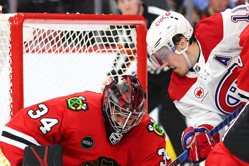 Chicago Blackhawks goaltender Petr Mrazek makes a save on Montreal Canadiens winger Brendan Gallagher.