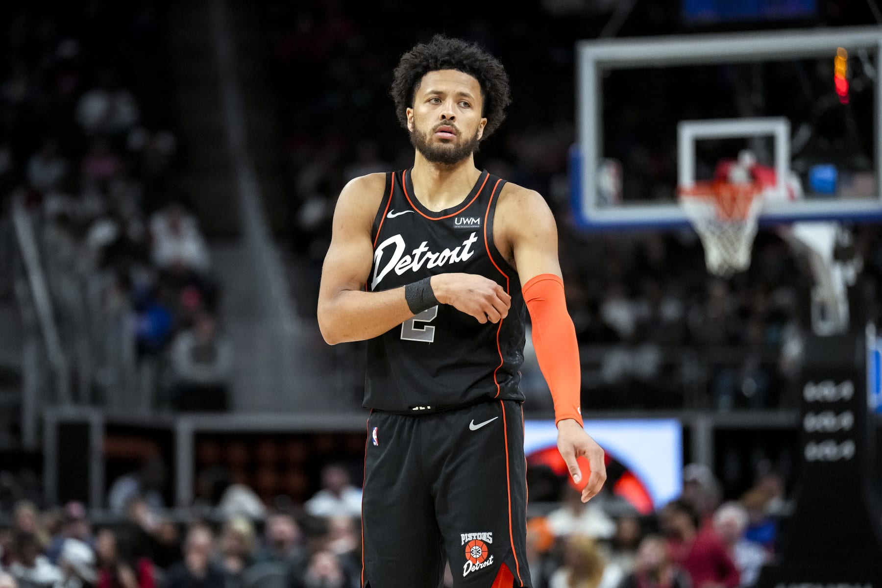 DETROIT, MICHIGAN - APRIL 01: Cade Cunningham #2 of the Detroit Pistons looks on against the Memphis Grizzlies at Little Caesars Arena on April 01, 2024 in Detroit, Michigan. NOTE TO USER: User expressly acknowledges and agrees that, by downloading and or using this photograph, User is consenting to the terms and conditions of the Getty Images License Agreement. (Photo by Nic Antaya/Getty Images)