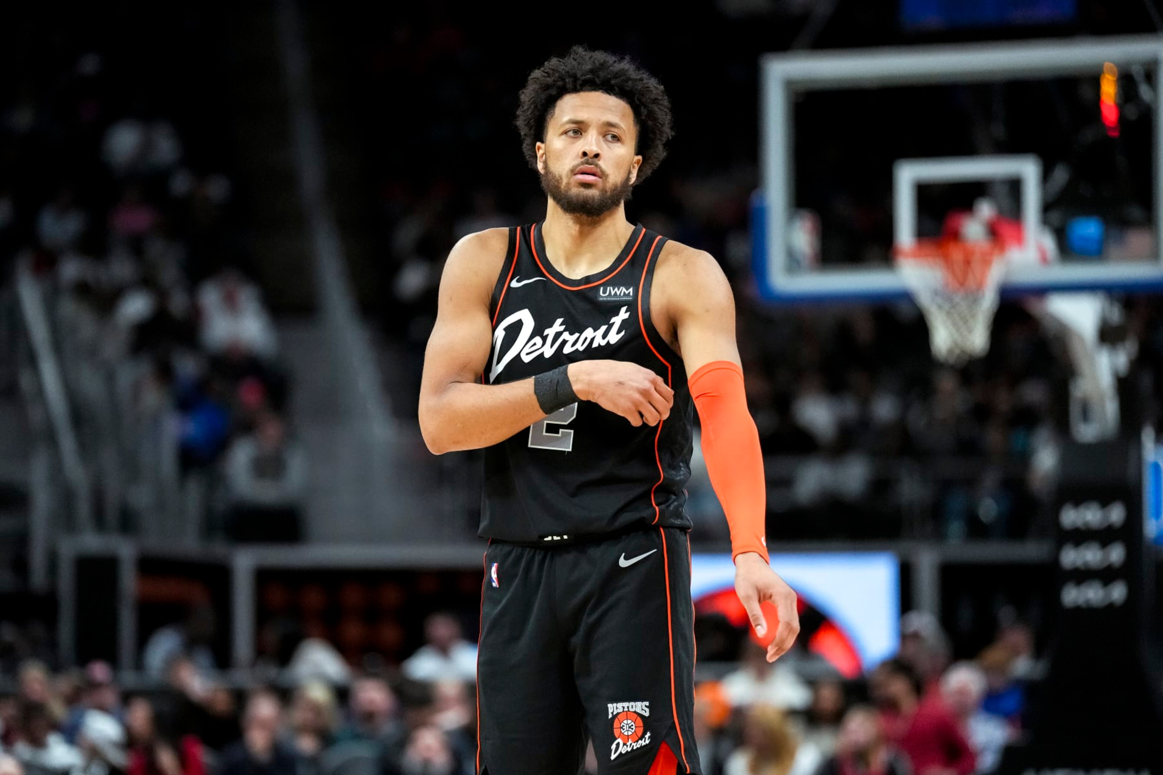 DETROIT, MICHIGAN - APRIL 01: Cade Cunningham #2 of the Detroit Pistons looks on against the Memphis Grizzlies at Little Caesars Arena on April 01, 2024 in Detroit, Michigan. NOTE TO USER: User expressly acknowledges and agrees that, by downloading and or using this photograph, User is consenting to the terms and conditions of the Getty Images License Agreement. (Photo by Nic Antaya/Getty Images)
