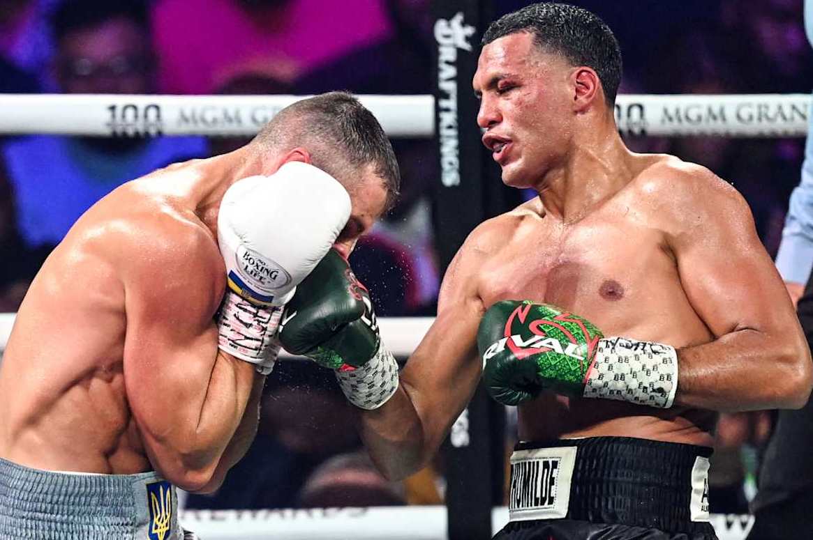 LAS VEGAS, NEVADA - JUNE 15: David Benavidez (in black&red short) from Phoenex, Arizona and Oleksandr Gvozdyk (in gray short) from Kharkiv, Ukraine exchange punches during their WBC interim world light heavyweight title of the Premiere Boxing Championship on Saturday night at the MGM Grand Garden Arena in Las Vegas, Nevada, United States on June 15, 2024. (Photo by Tayfun Coskun/Anadolu via Getty Images)
