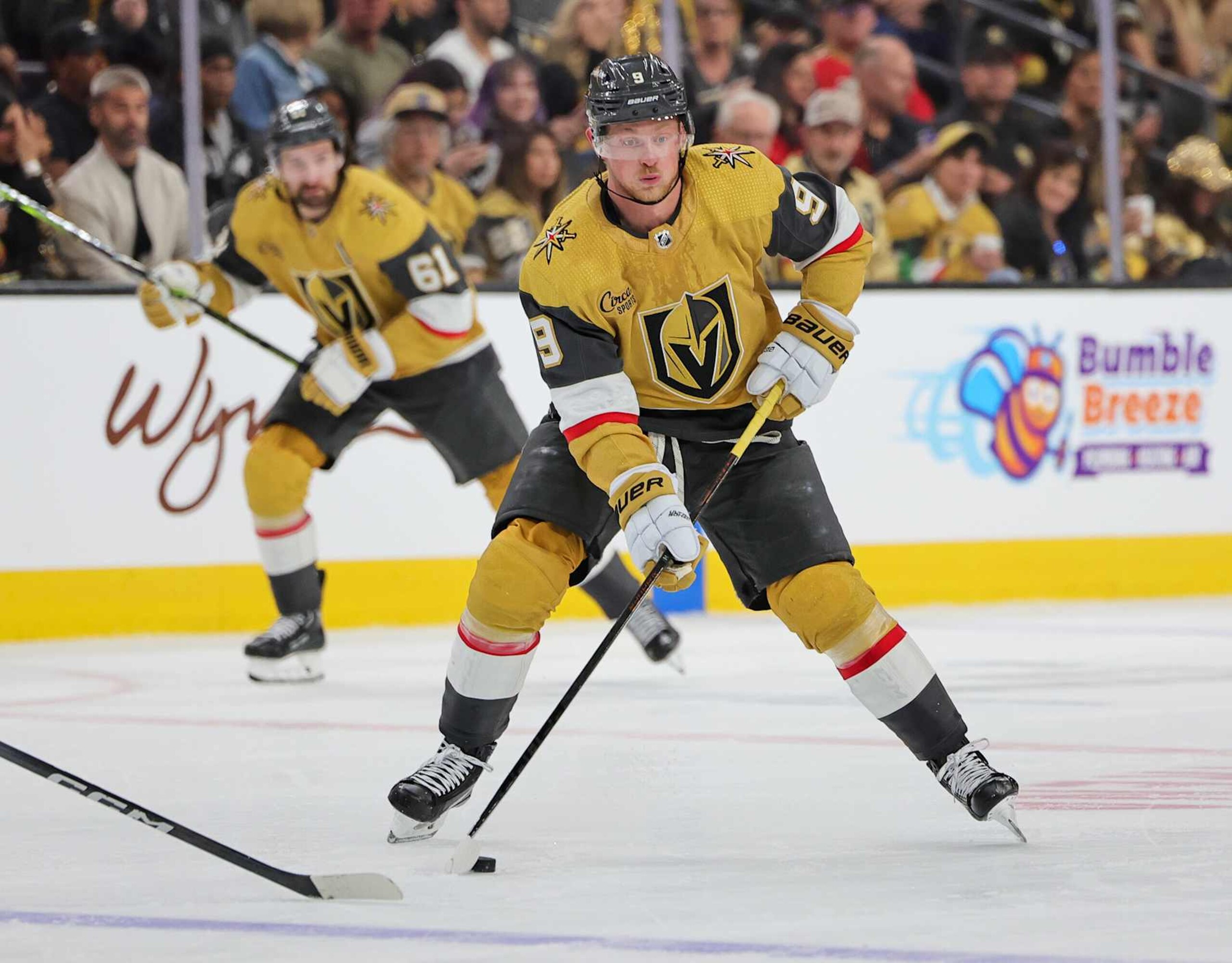 LAS VEGAS, NEVADA - APRIL 27: Jack Eichel #9 of the Vegas Golden Knights skates with the puck against the Dallas Stars in the second period of Game Three of the First Round of the 2024 Stanley Cup Playoffs at T-Mobile Arena on April 27, 2024 in Las Vegas, Nevada. The Stars defeated the Golden Knights 3-2 in overtime. (Photo by Ethan Miller/Getty Images)