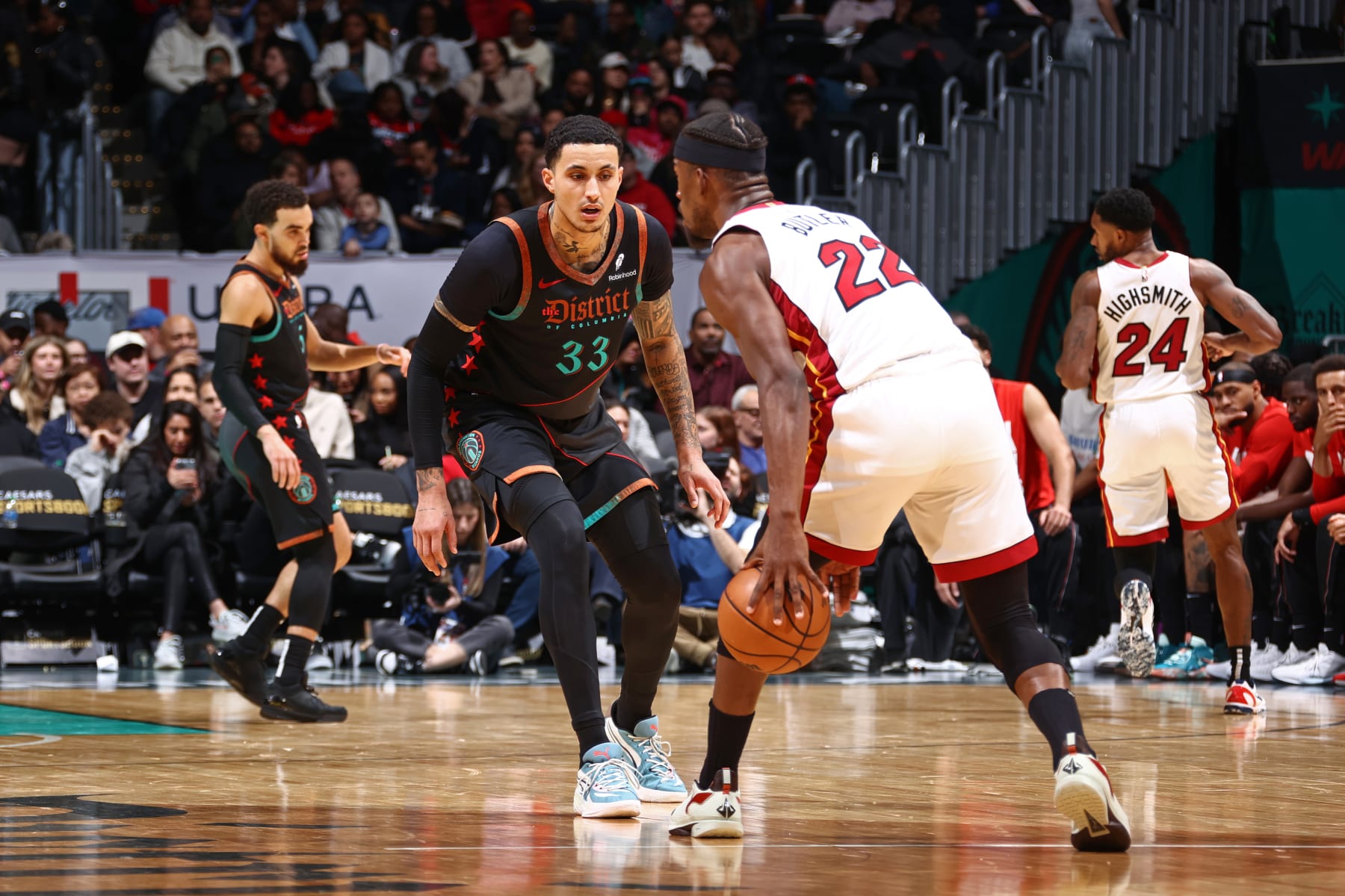 WASHINGTON, DC -  FEBRUARY 2: Kyle Kuzma #33 of the Washington Wizards plays defense during the game against the Miami Heat on February 2, 2024 at Capital One Arena in Washington, DC. NOTE TO USER: User expressly acknowledges and agrees that, by downloading and or using this Photograph, user is consenting to the terms and conditions of the Getty Images License Agreement. Mandatory Copyright Notice: Copyright 2024 NBAE (Photo by Kenny Giarla/NBAE via Getty Images)