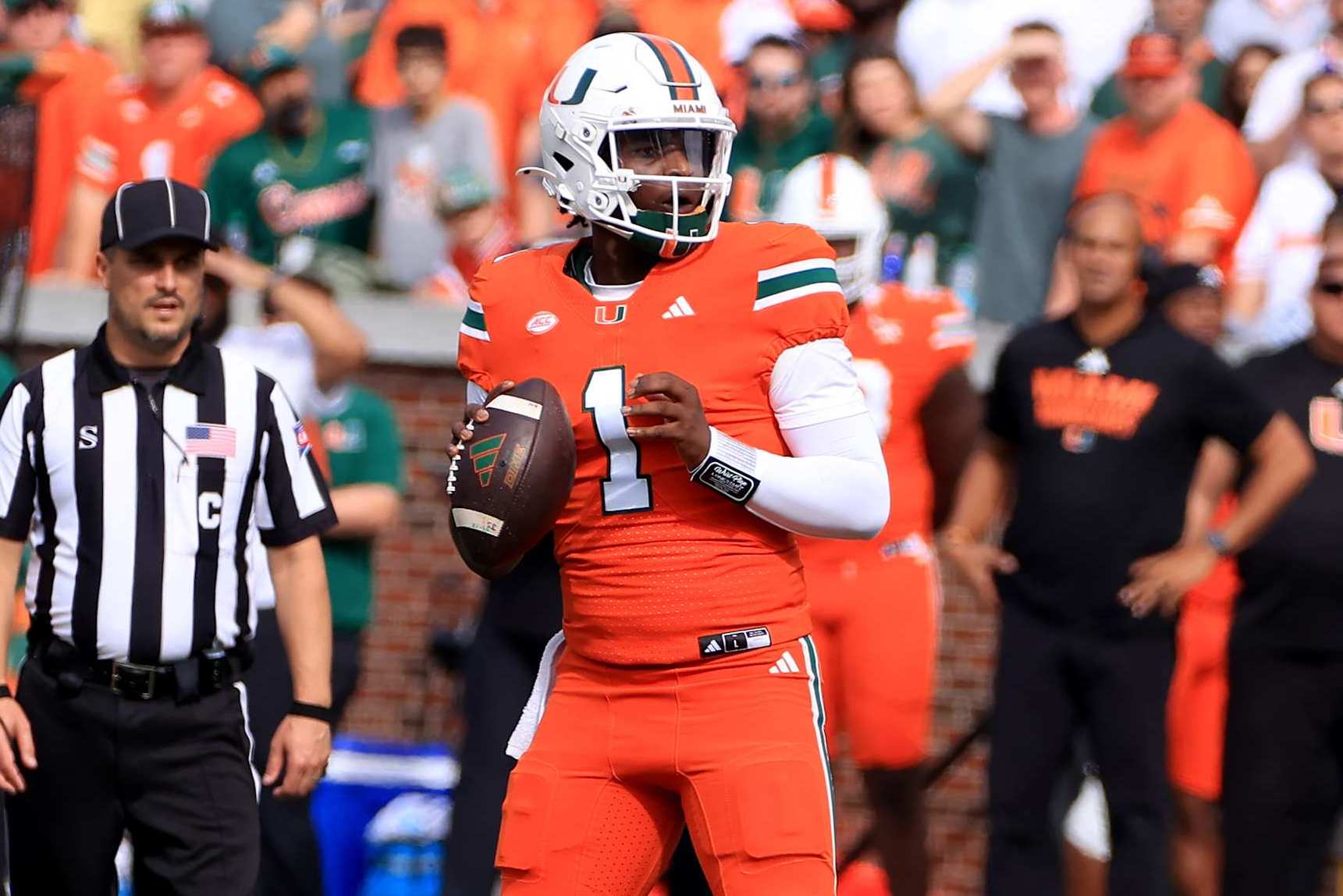 ATLANTA, GA - NOVEMBER 09: Miami Hurricanes starting quarterback Cam Ward #1 during the Saturday afternoon college football game between the Miami Hurricanes and the Georgia Tech Yellow Jackets on November 9, 2024 at Bobby Dodd Stadium in Atlanta, GA.  (Photo by David J. Griffin/Icon Sportswire via Getty Images)