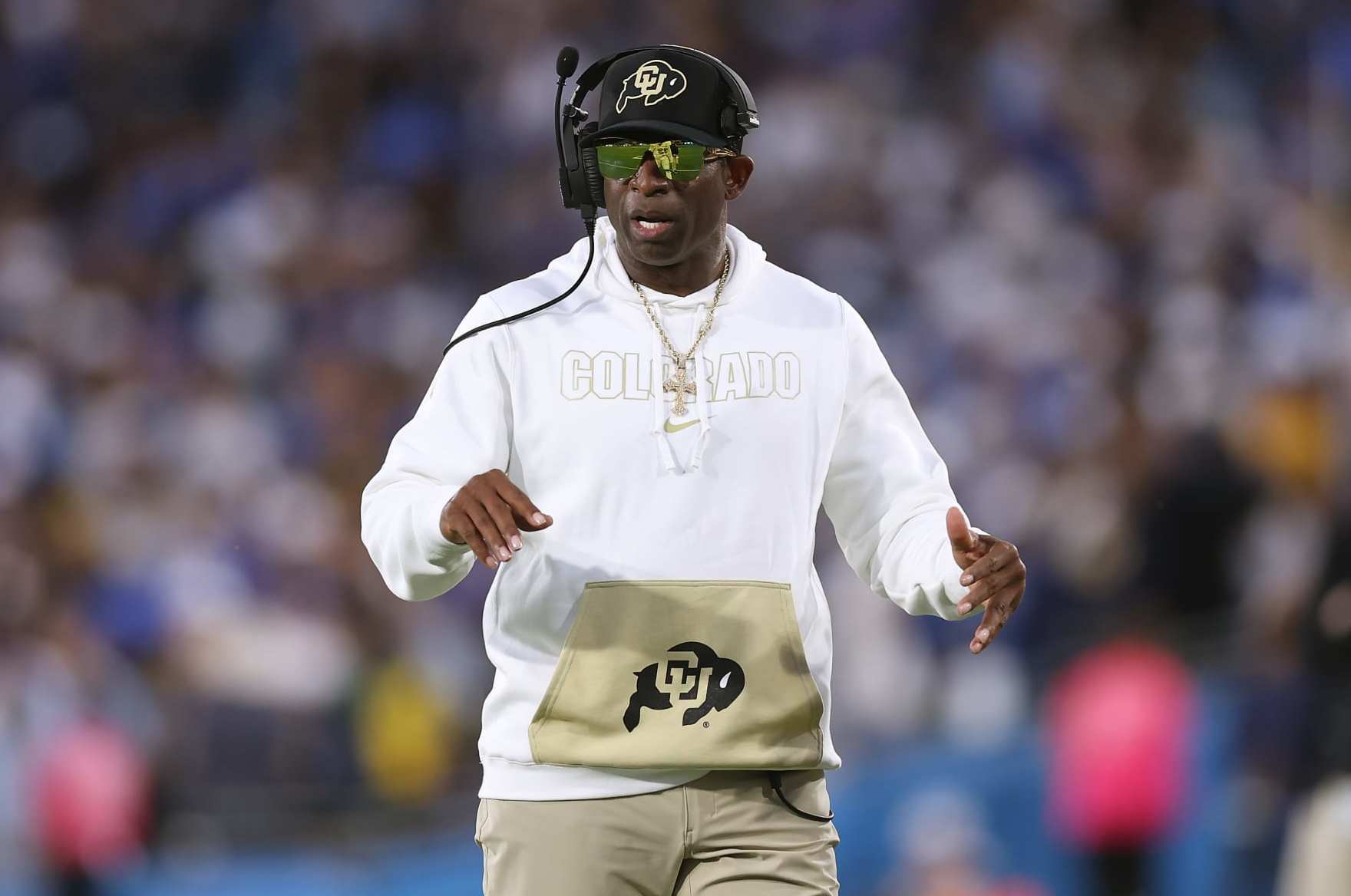 PASADENA, CALIFORNIA - OCTOBER 28: Head coach Deion Sanders of the Colorado Buffaloes looks on from the sidelines during the first half of a game against the UCLA Bruins at Rose Bowl Stadium on October 28, 2023 in Pasadena, California. (Photo by Sean M. Haffey/Getty Images)