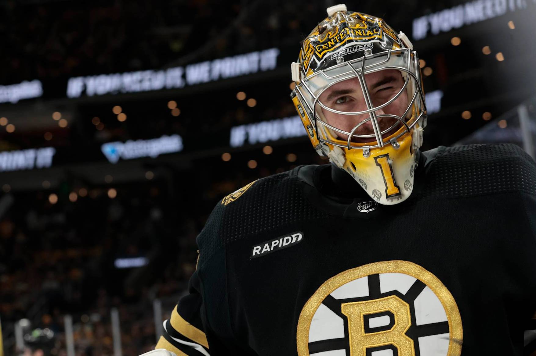 BOSTON, MA - MAY 17: Boston Bruins goalie Jeremy Swayman (1) gives a wink during Game 6 of the Eastern Conference Second Round playoffs between the Boston Bruins and the Florida Panthers on May 17, 2024, at TD Garden in Boston, Massachusetts.(Photo by Fred Kfoury III/Icon Sportswire via Getty Images)