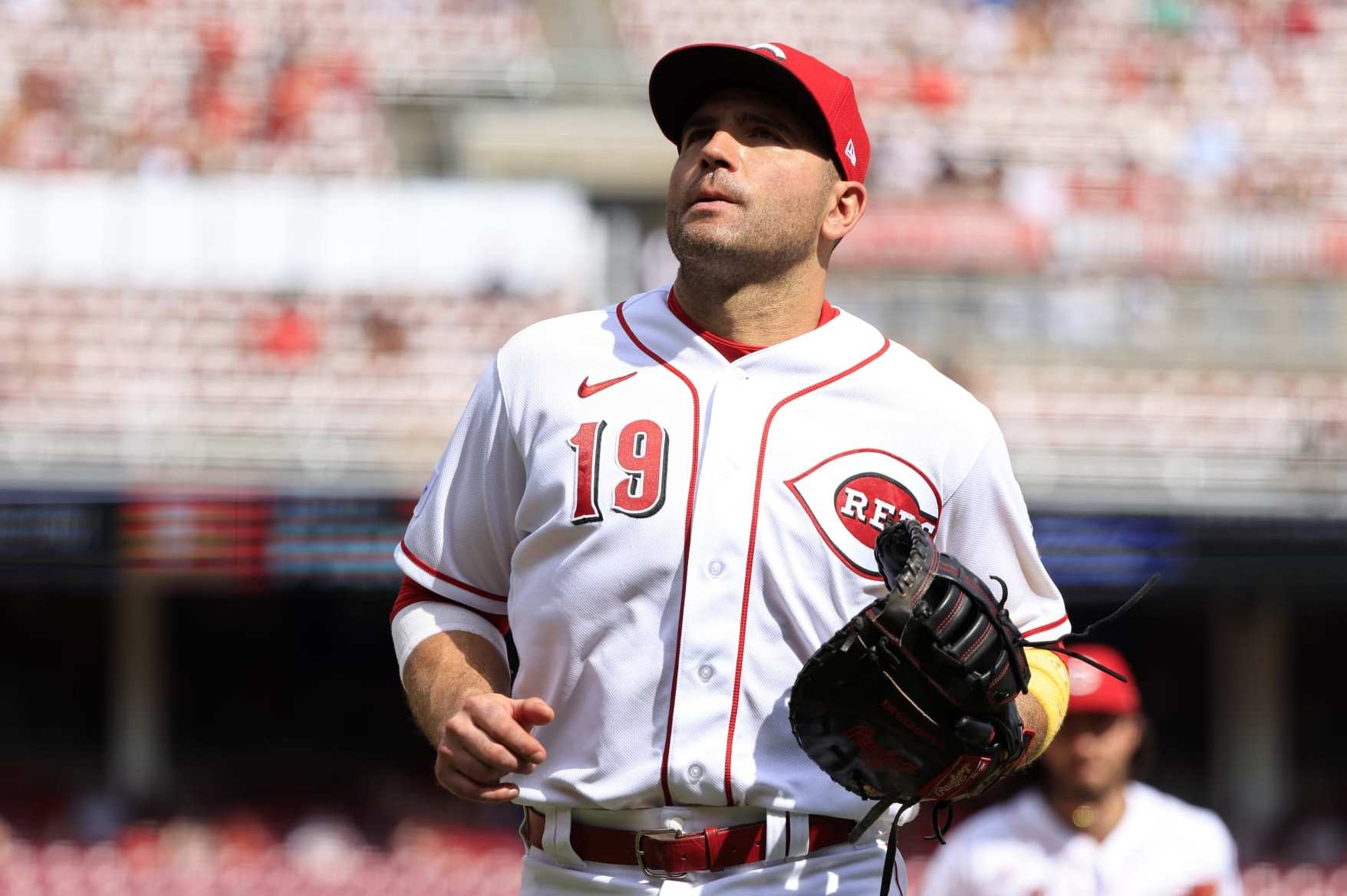 CINCINNATI, OHIO - SEPTEMBER 10: Joey Votto #19 of the Cincinnati Reds walks back to the dug out in the game against the St. Louis Cardinals at Great American Ball Park on September 10, 2023 in Cincinnati, Ohio. (Photo by Justin Casterline/Getty Images)