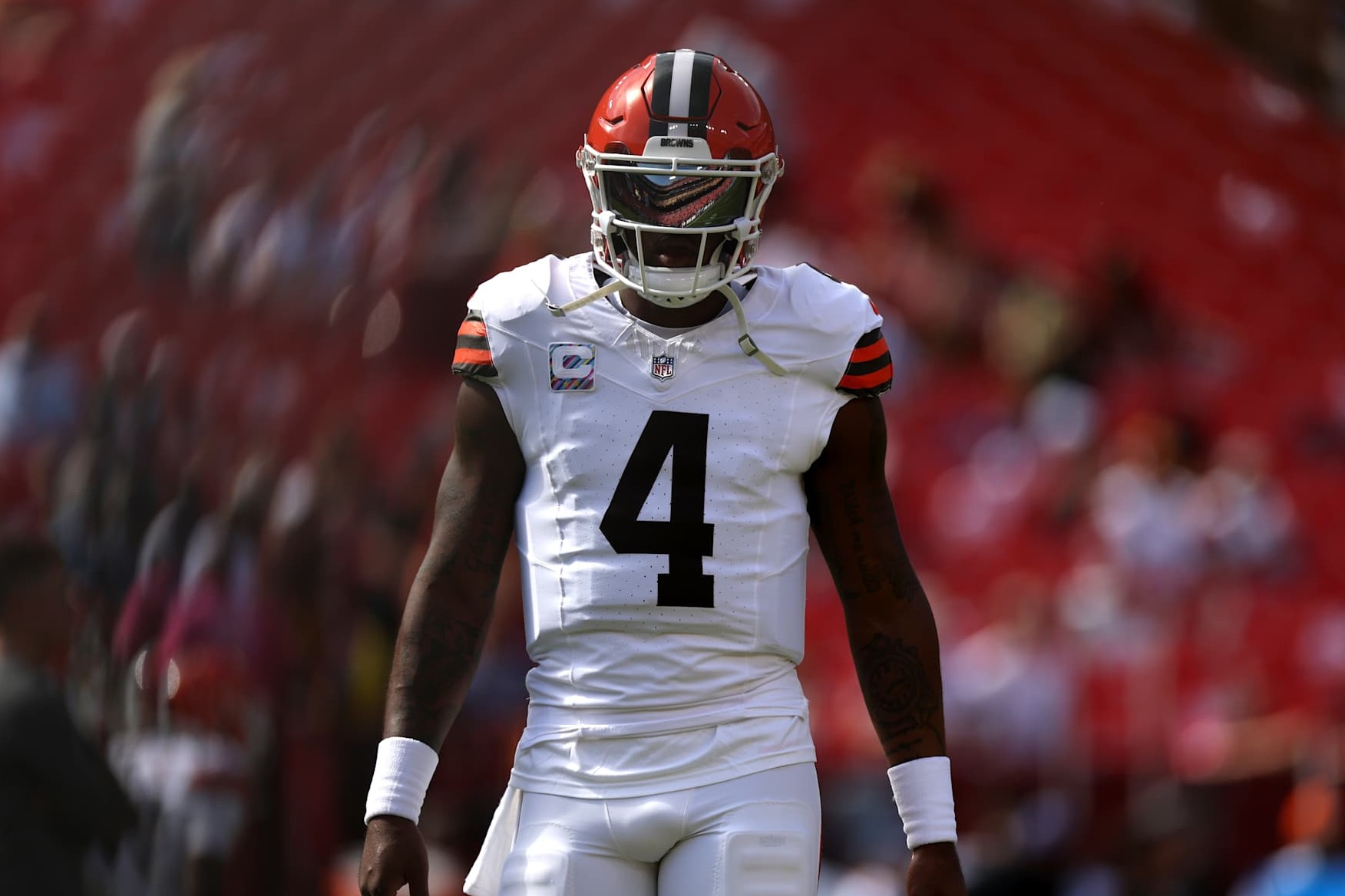 LANDOVER, MARYLAND - OCTOBER 06: Deshaun Watson #4 of the Cleveland Browns looks on before the game \awas at Northwest Stadium on October 06, 2024 in Landover, Maryland. (Photo by Patrick Smith/Getty Images)