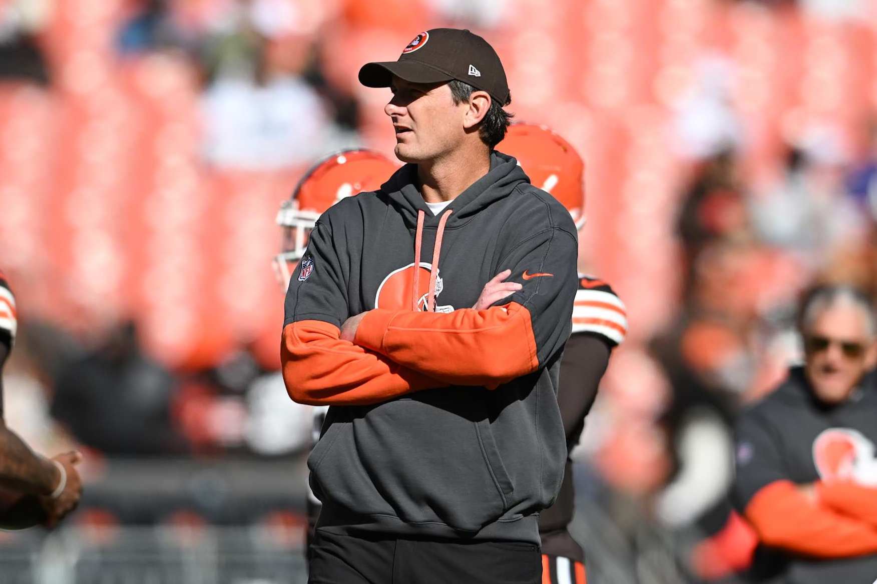 CLEVELAND, OHIO - OCTOBER 27: Offensive coordinator Ken Dorsey of the Cleveland Browns looks on prior to a game against the Baltimore Ravens at Huntington Bank Field on October 27, 2024 in Cleveland, Ohio. (Photo by Nick Cammett/Diamond Images via Getty Images)