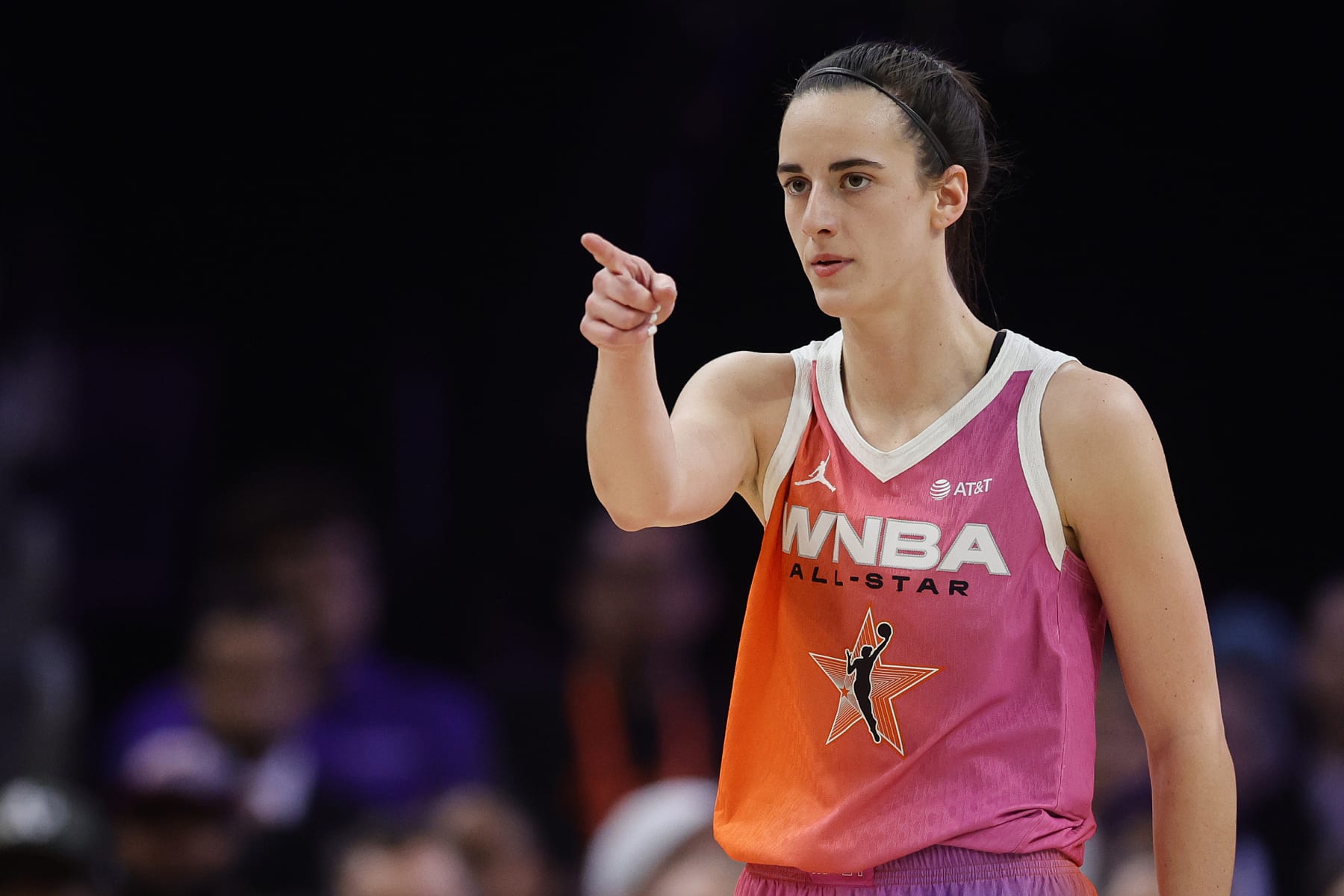 PHOENIX, ARIZONA - JULY 20: Caitlin Clark #22 of Team WNBA reacts during the first half against Team USA during the 2024 WNBA All Star Game at Footprint Center on July 20, 2024 in Phoenix, Arizona.  (Photo by Alex Slitz/Getty Images)