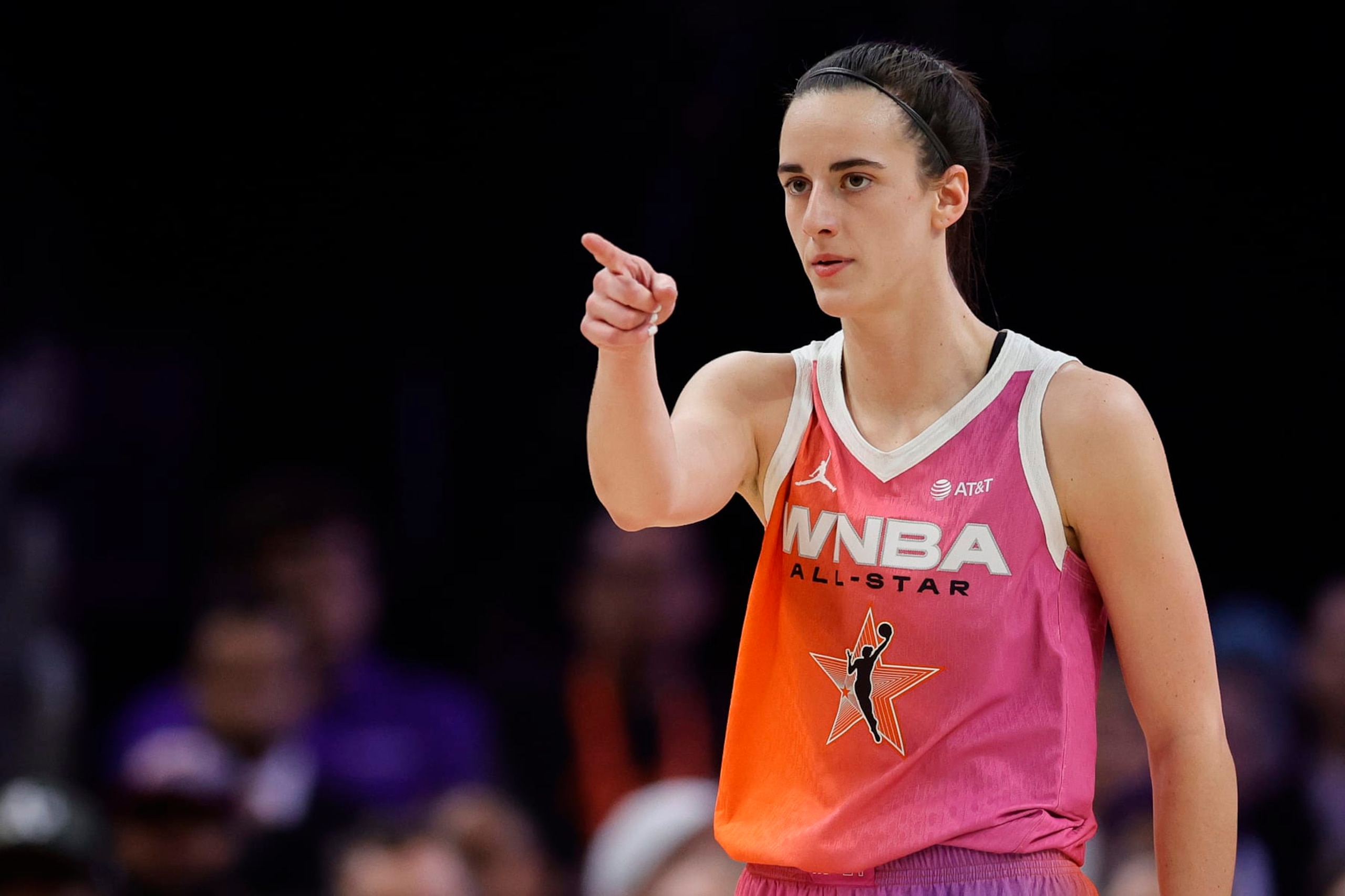 PHOENIX, ARIZONA - JULY 20: Caitlin Clark #22 of Team WNBA reacts during the first half against Team USA during the 2024 WNBA All Star Game at Footprint Center on July 20, 2024 in Phoenix, Arizona.  (Photo by Alex Slitz/Getty Images)