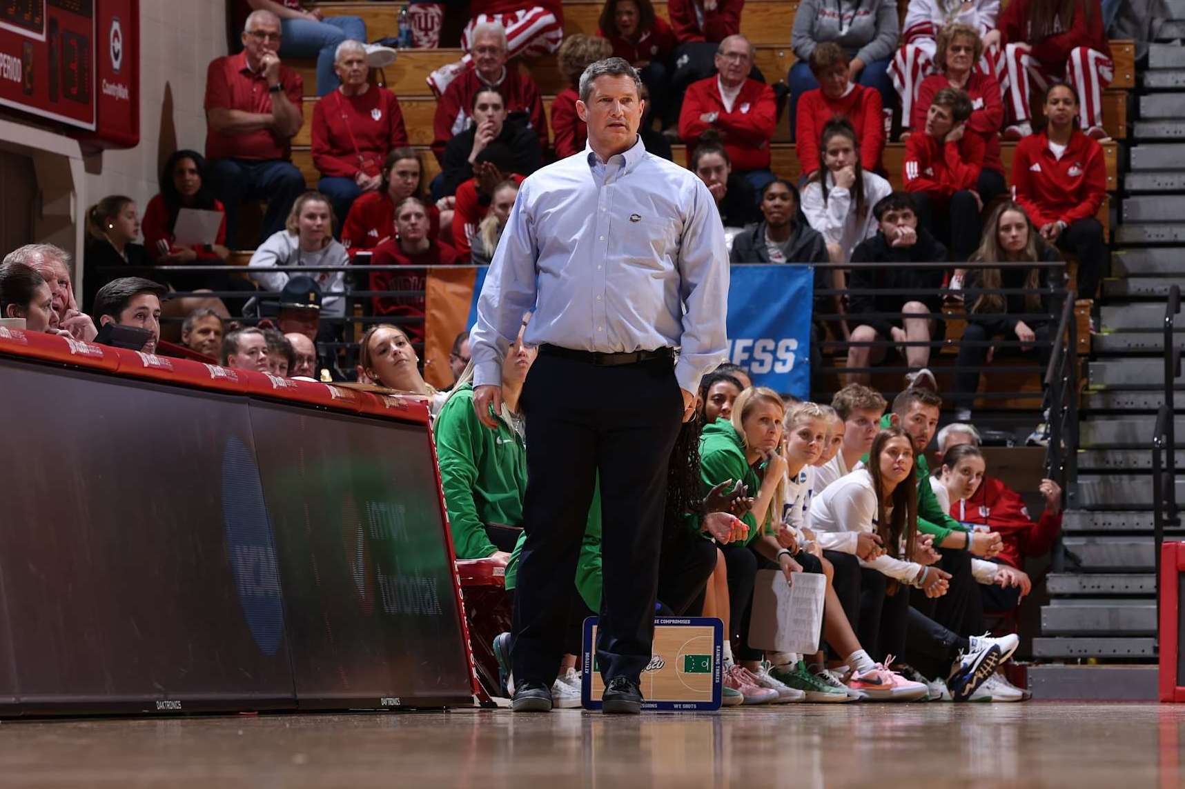 BLOOMINGTON, INDIANA - MARCH 23: Head coach Karl Smesko of the Florida Gulf Coast Eagles directs his team against the Oklahoma Sooners during the first round of the 2024 NCAA Women's Basketball Tournament held at Simon Skjodt Assembly Hall on March 23, 2024 in Bloomington, Indiana. (Photo by Joe Robbins/NCAA Photos/NCAA Photos via Getty Images)
