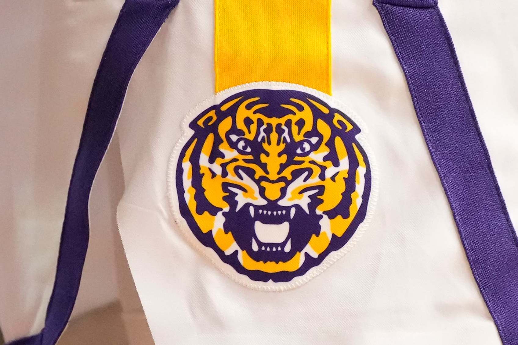 CHARLESTON, SC - NOVEMBER 16:  The LSU Tigers logo on a pair of shorts during day one of the Shriners Children's Charleston Classic college basketball game against the Dayton Flyers at the TD Arena on November 16, 2023 in Charleston, South Carolina.  (Photo by Mitchell Layton/Getty Images) *** Local Caption ***