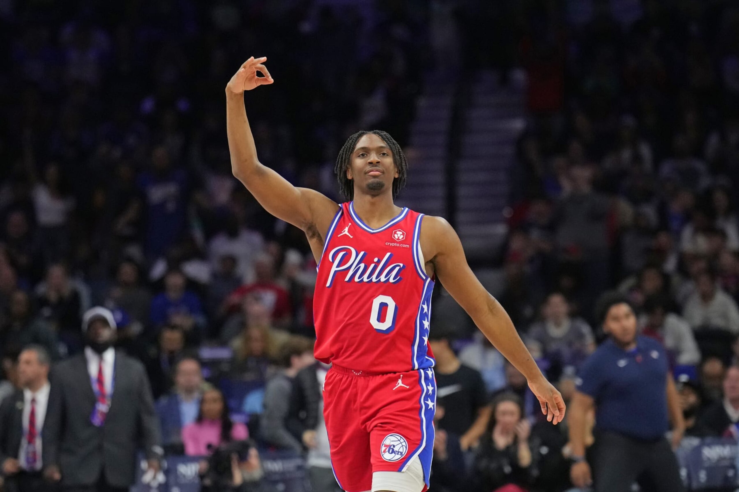 PHILADELPHIA, PA - APRIL 12: Tyrese Maxey #0 of the Philadelphia 76ers celebrates during the game against the Orlando Magic on April 12, 2024 at the Wells Fargo Center in Philadelphia, Pennsylvania NOTE TO USER: User expressly acknowledges and agrees that, by downloading and/or using this Photograph, user is consenting to the terms and conditions of the Getty Images License Agreement. Mandatory Copyright Notice: Copyright 2024 NBAE (Photo by Jesse D. Garrabrant/NBAE via Getty Images) PHILADELPHIA, PA - APRIL 12: Tyrese Maxey #0 of the Philadelphia 76ers celebrates during the game against the Orlando Magic on April 12, 2024 at the Wells Fargo Center in Philadelphia, Pennsylvania NOTE TO USER: User expressly acknowledges and agrees that, by downloading and/or using this Photograph, user is consenting to the terms and conditions of the Getty Images License Agreement. Mandatory Copyright Notice: Copyright 2024 NBAE (Photo by Jesse D. Garrabrant/NBAE via Getty Images)