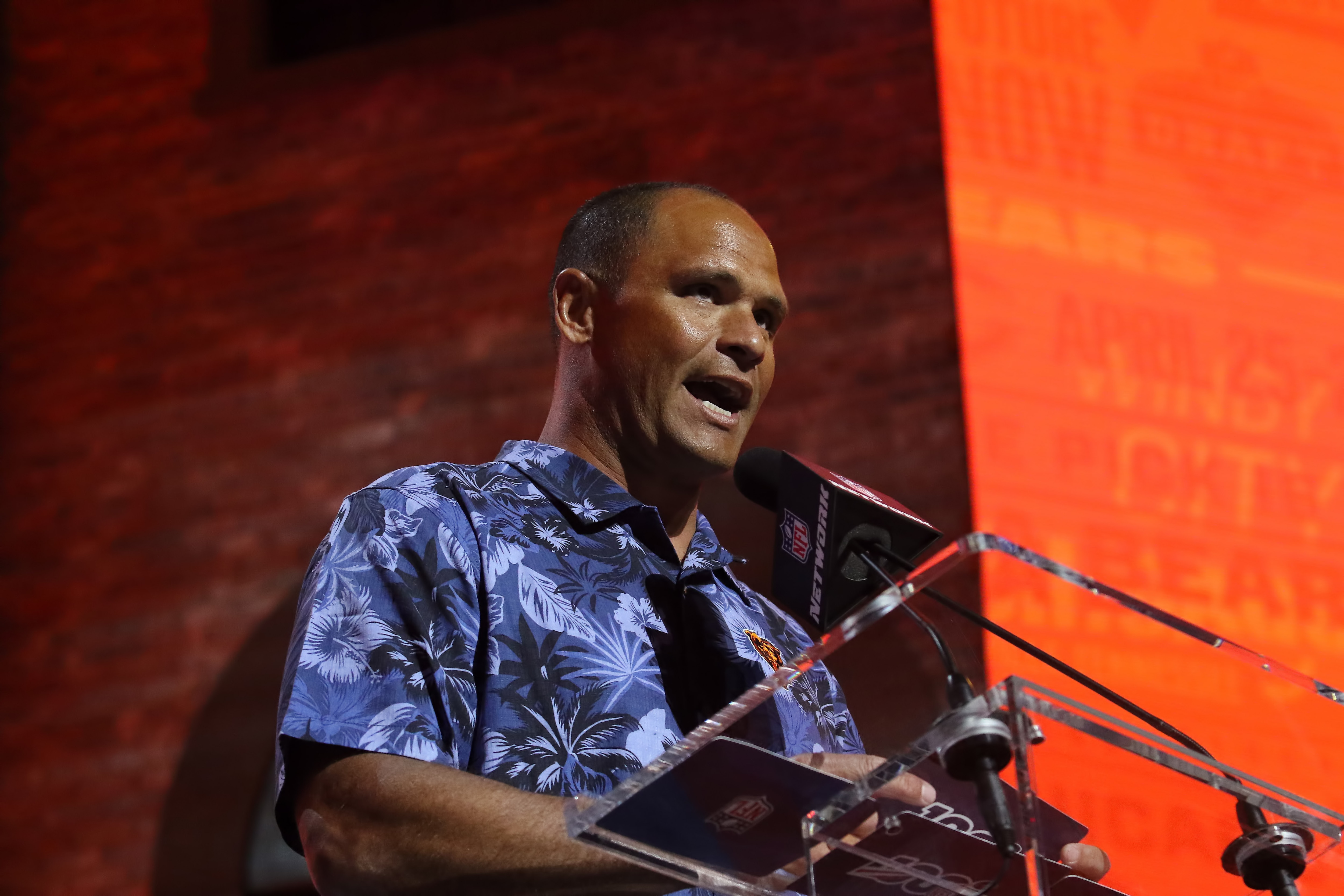 NASHVILLE, TN - APRIL 26: Olin Kreutz announces a pick during the third round of the 2019 NFL Draft on April 26, 2019, at the Draft Main Stage on Lower Broadway in downtown Nashville, TN. (Photo by Michael Wade/Icon Sportswire via Getty Images)