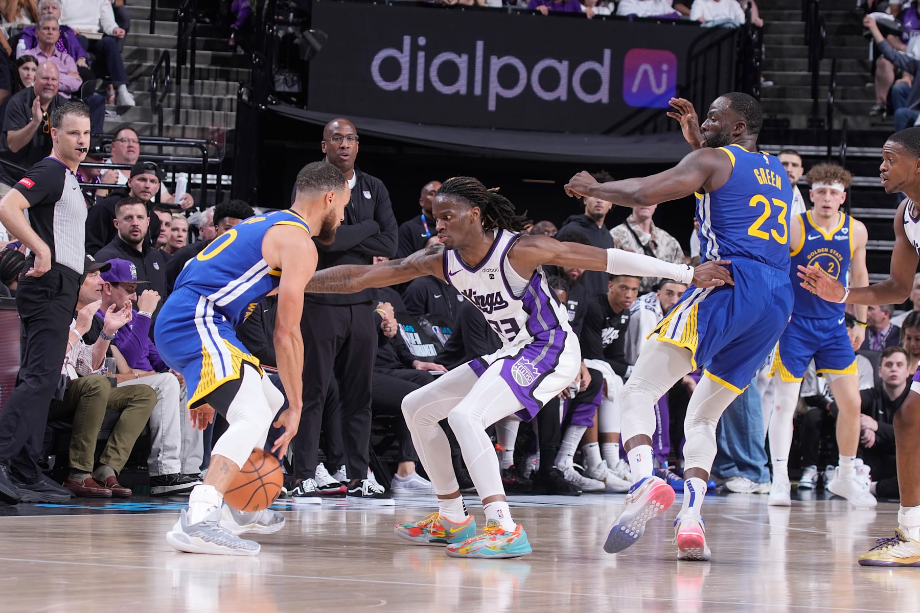 SACRAMENTO, CA - APRIL 16: Keon Ellis #23 of the Sacramento Kings defends against Stephen Curry #30 of the Golden State Warriors during the game during the 2024 Play-In Tournament on April 16, 2024 at Golden 1 Center in Sacramento, California. NOTE TO USER: User expressly acknowledges and agrees that, by downloading and or using this photograph, User is consenting to the terms and conditions of the Getty Images Agreement. Mandatory Copyright Notice: Copyright 2024 NBAE (Photo by Rocky Widner/NBAE via Getty Images)
